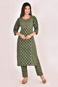 Dark Green Mix & Match Stylized Lotus Print Kurta With Pant