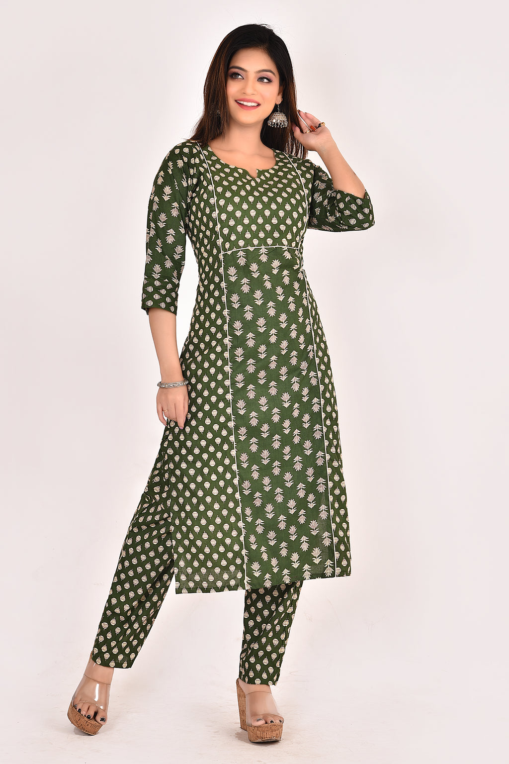 Dark Green Mix & Match Stylized Lotus Print Kurta With Pant