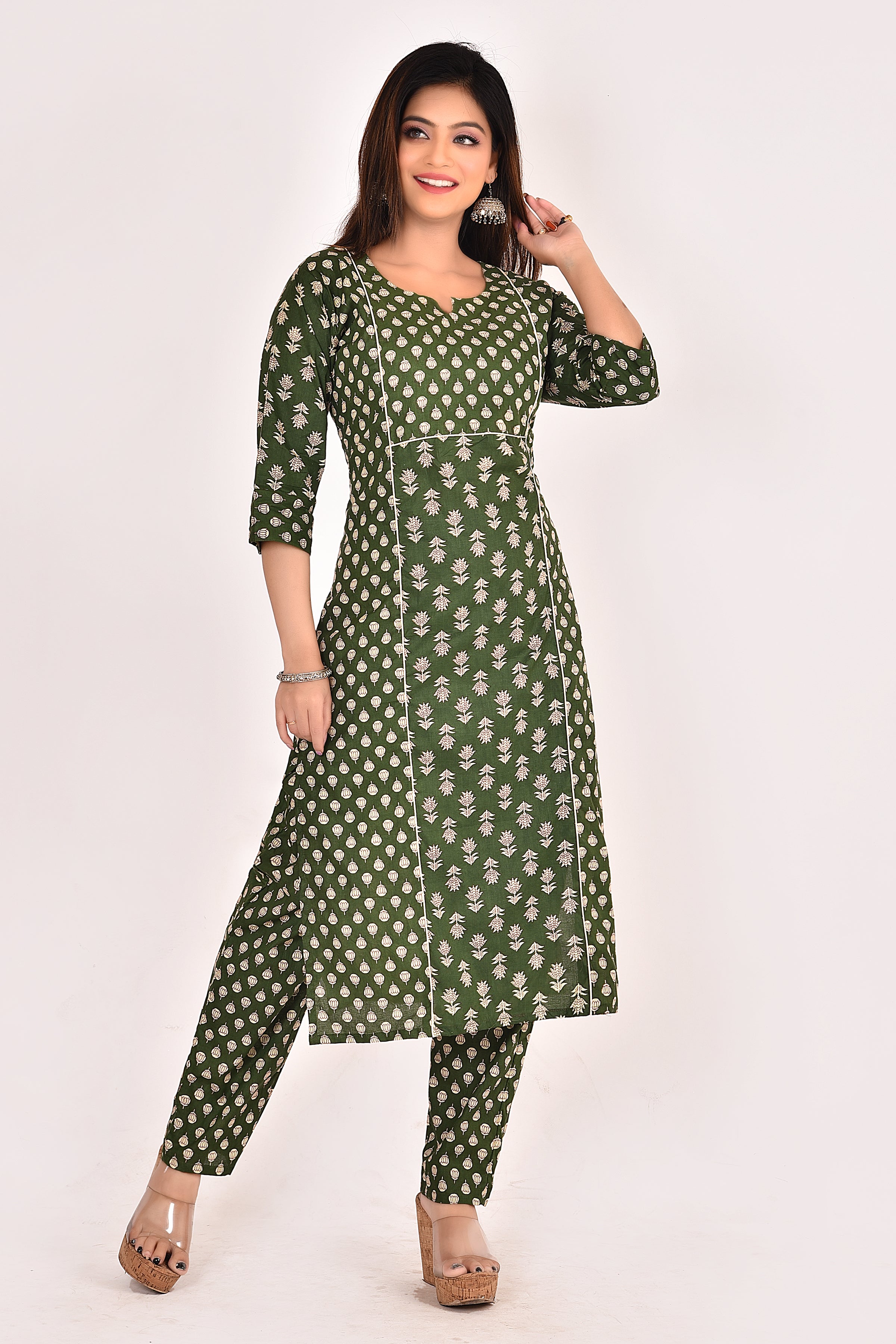 Dark Green Mix & Match Stylized Lotus Print Kurta With Pant