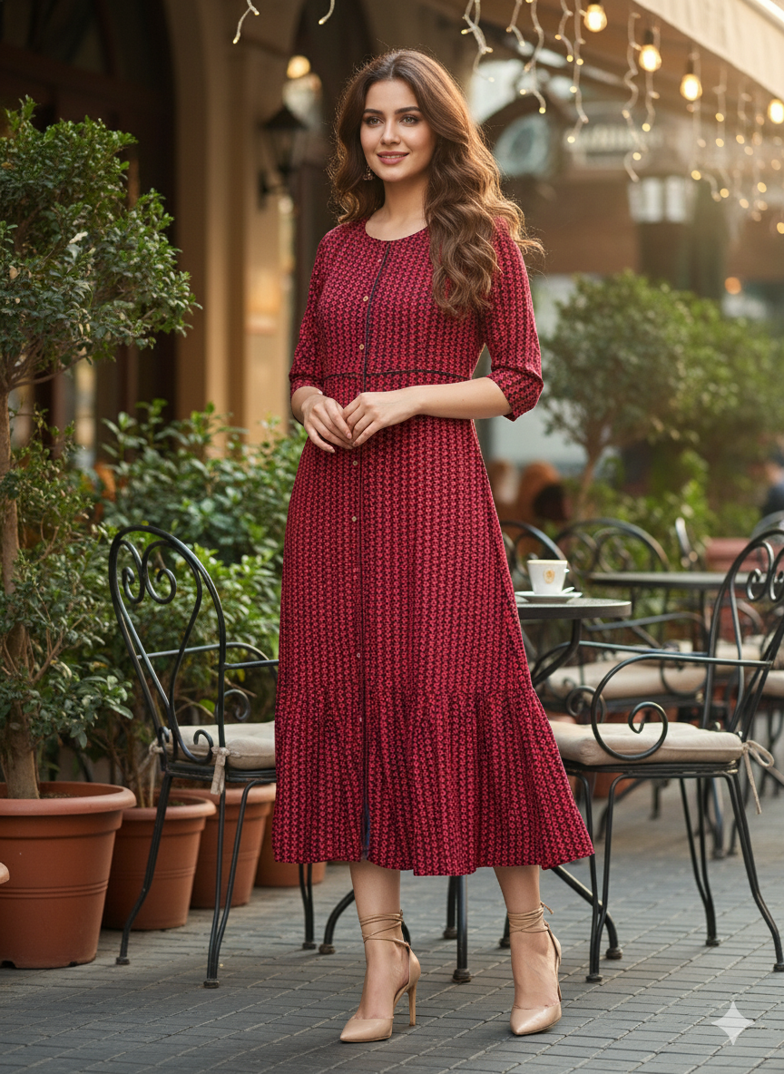 Red & Blue Zig Zag Print Flared Dress