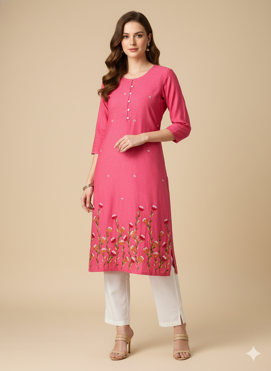 Pink Floral Embroidered Straight Kurta