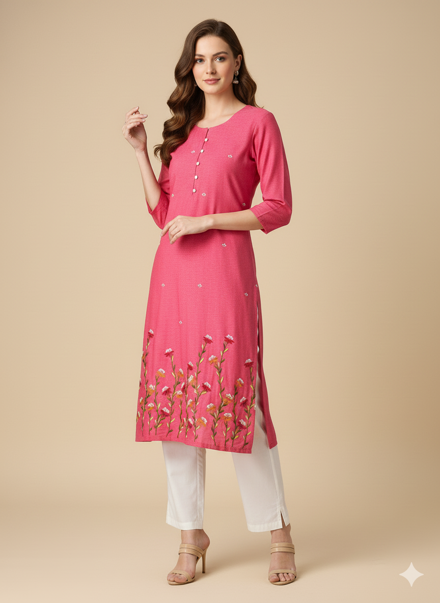 Pink Floral Embroidered Straight Kurta