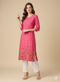 Pink Floral Embroidered Straight Kurta