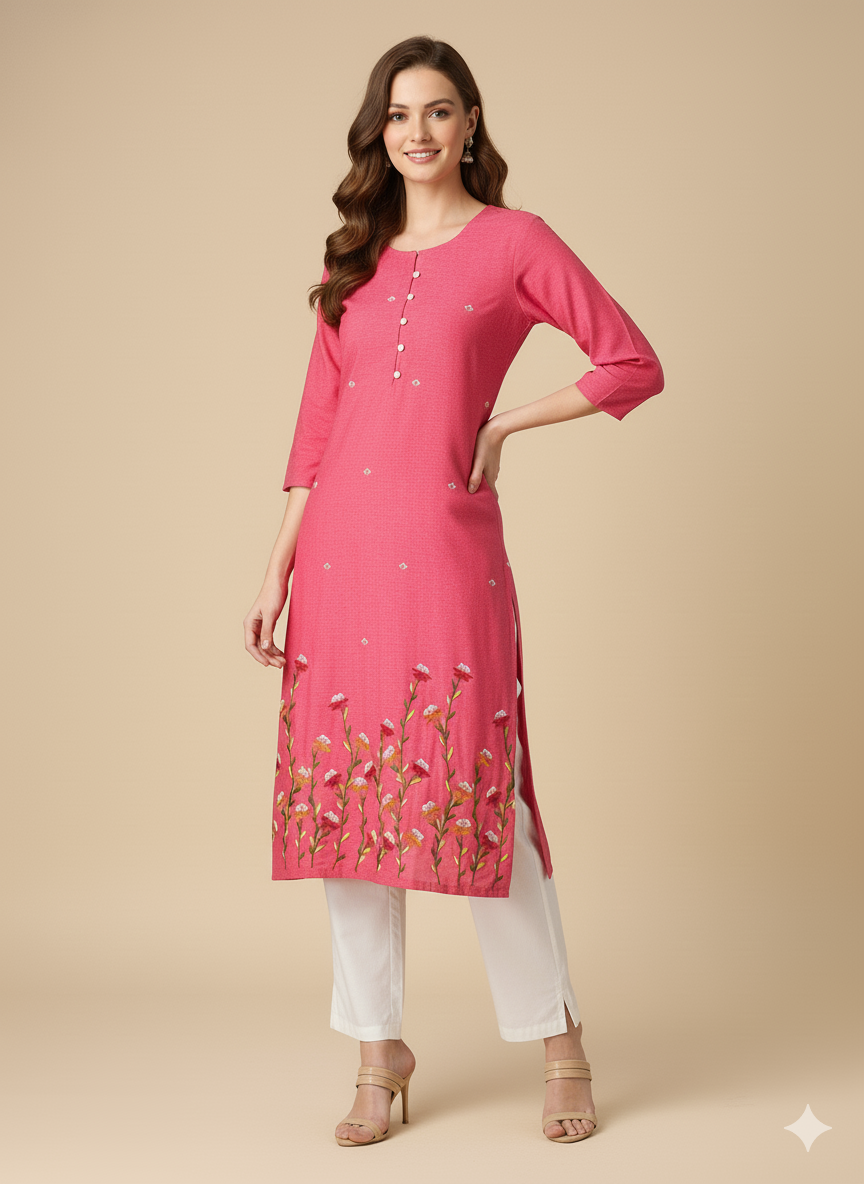 Pink Floral Embroidered Straight Kurta