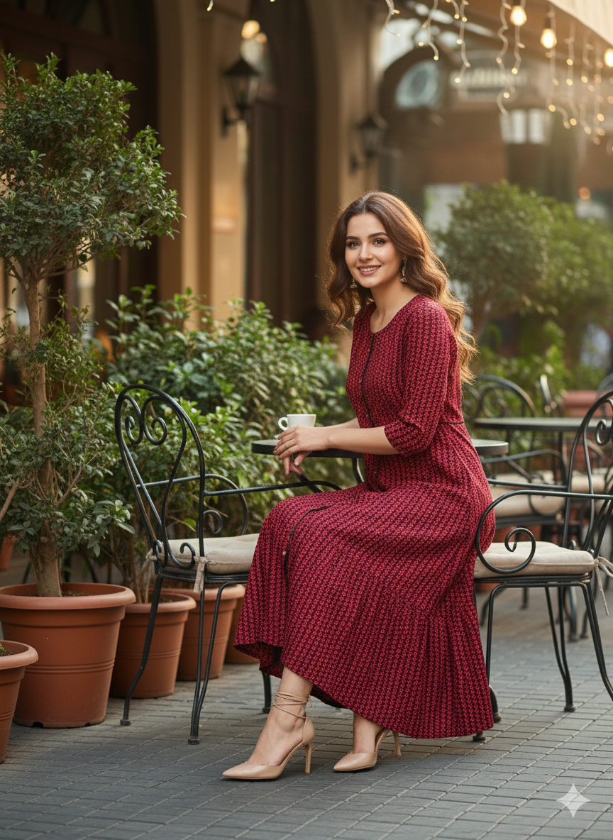 Red & Blue Zig Zag Print Flared Dress