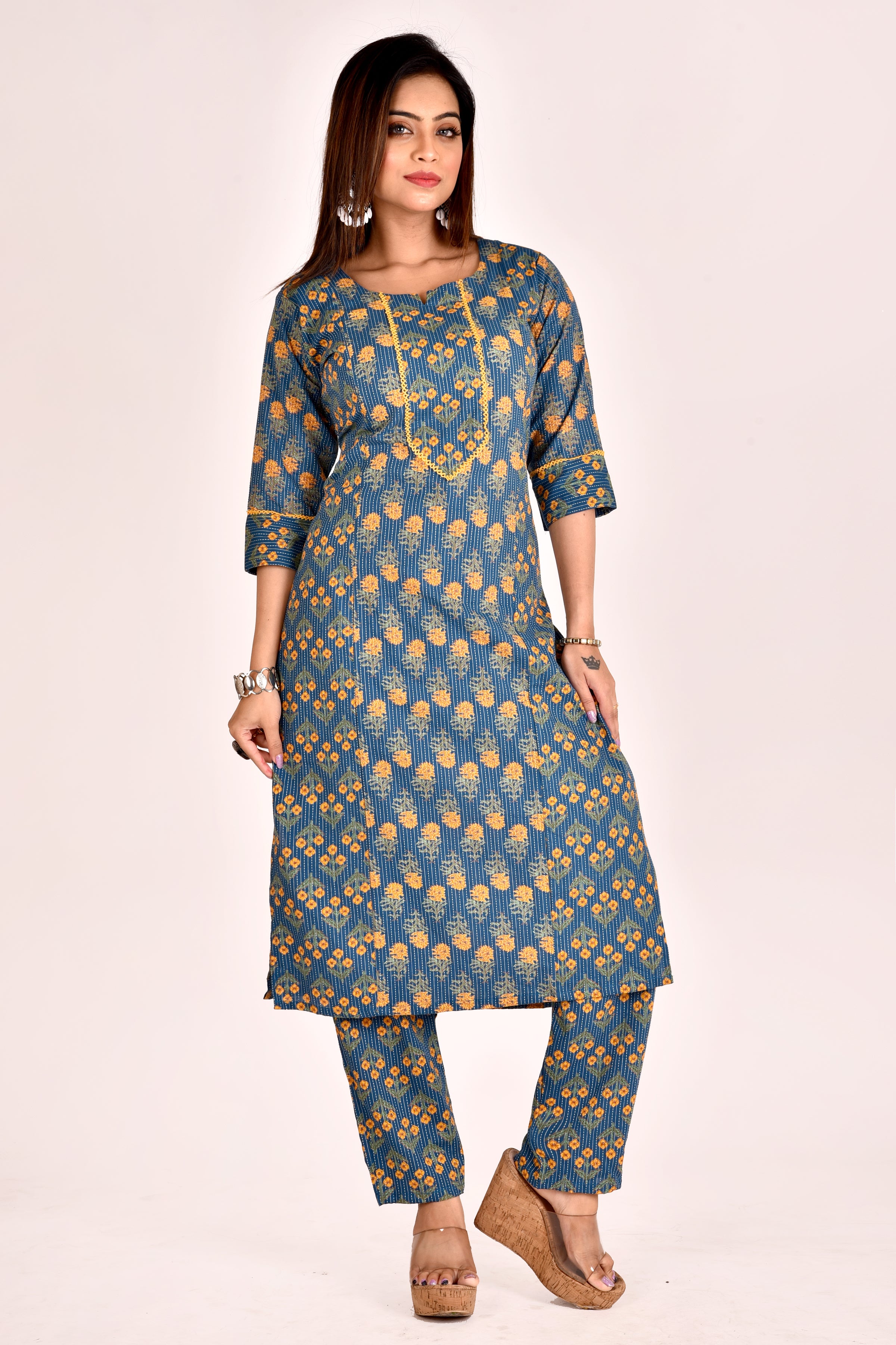 Teal Blue Mix & Match Floral Print Kurta With Pant