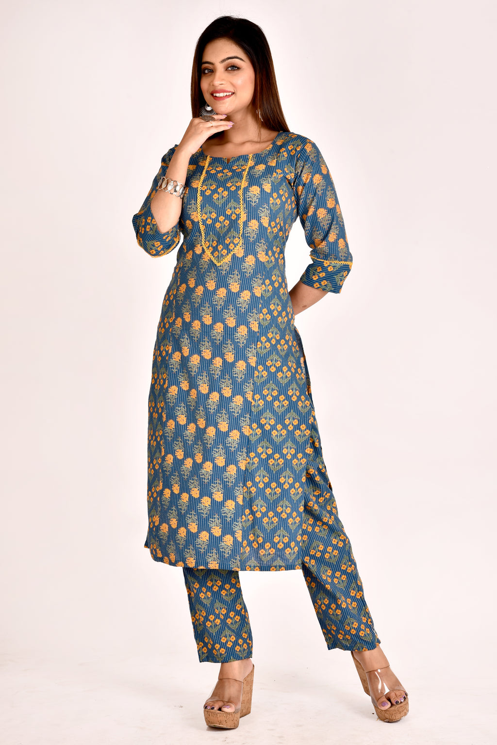 Teal Blue Mix & Match Floral Print Kurta With Pant