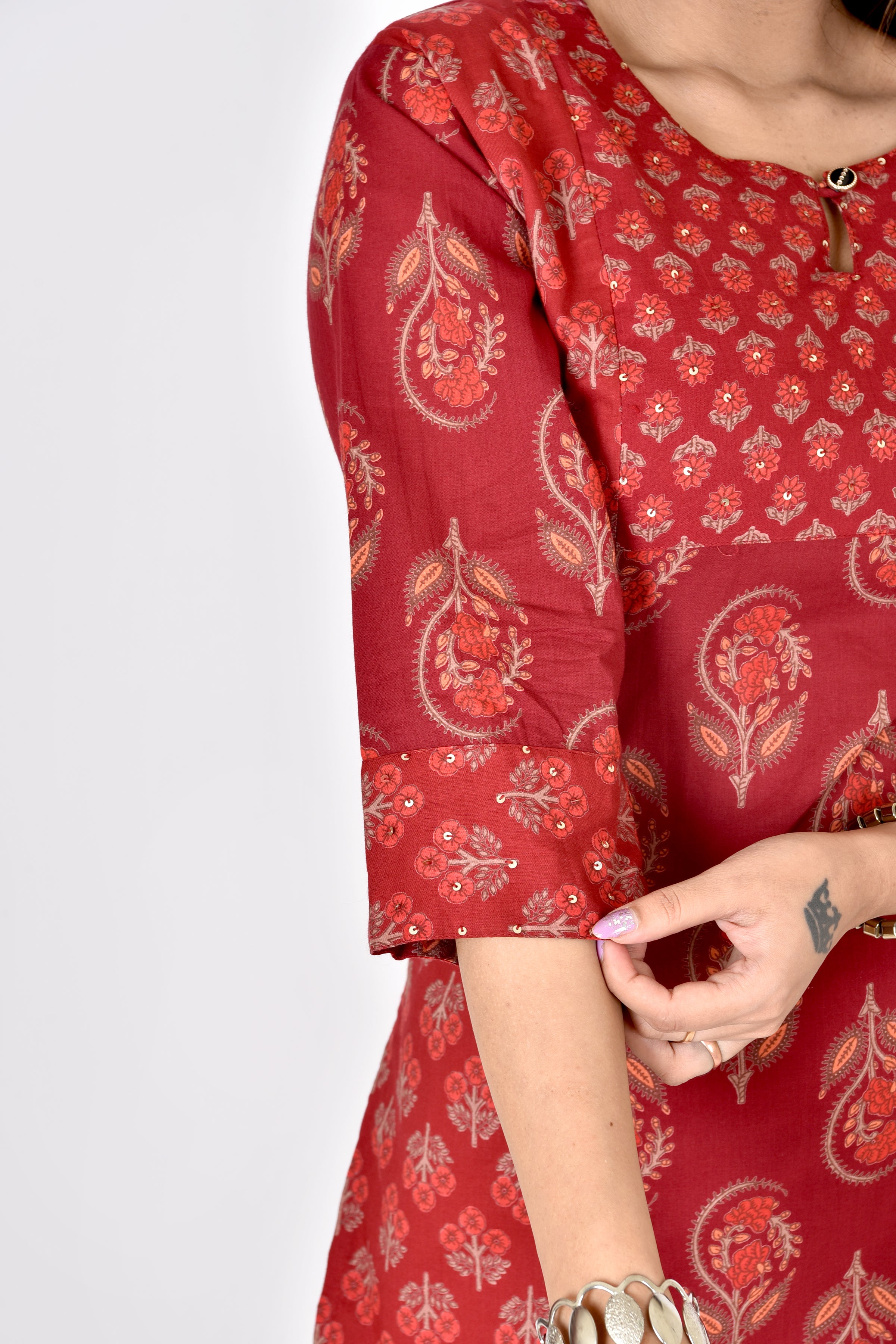 Maroon Mix & Match Floral Print Embroidered Kurta With Pant