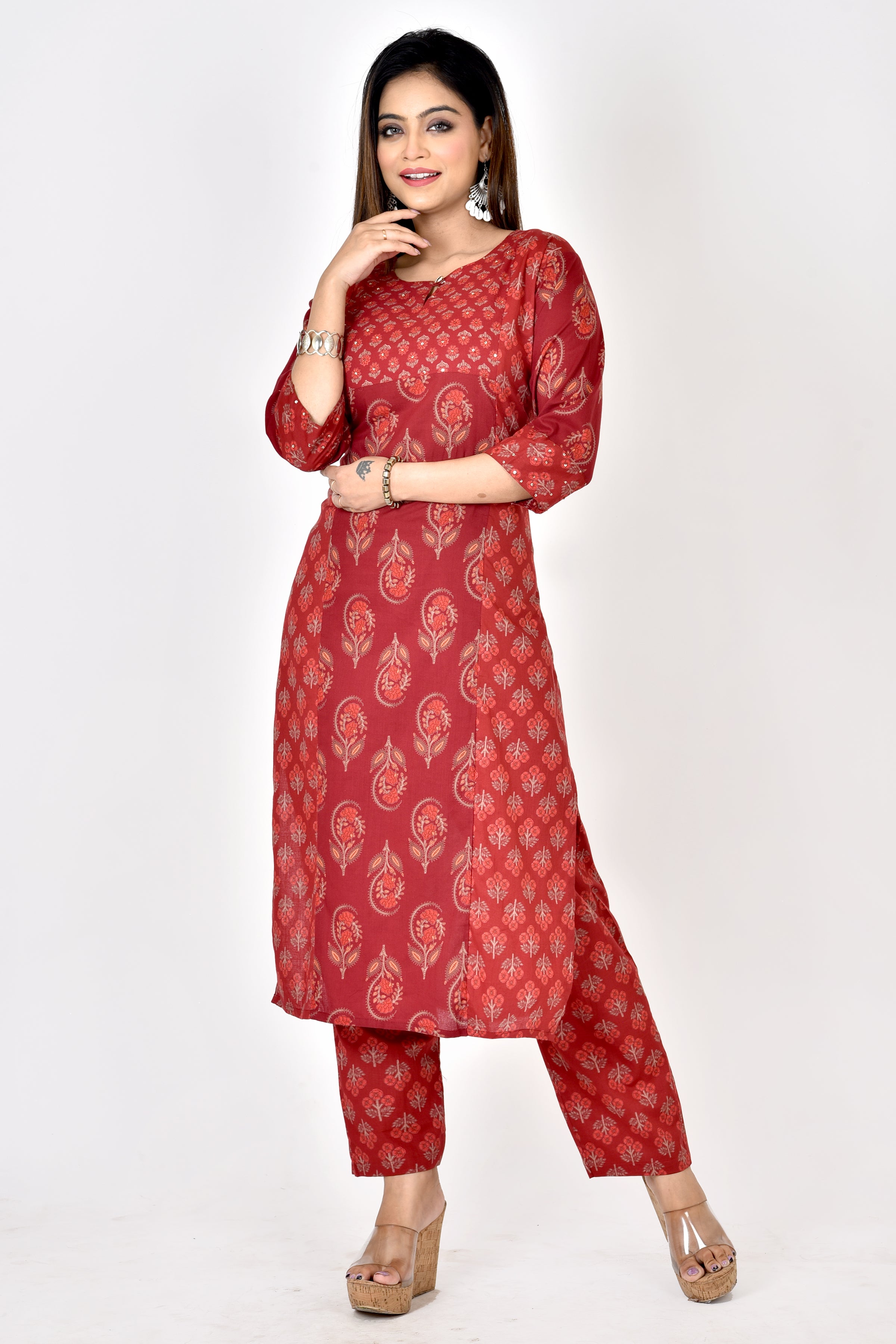 Maroon Mix & Match Floral Print Embroidered Kurta With Pant