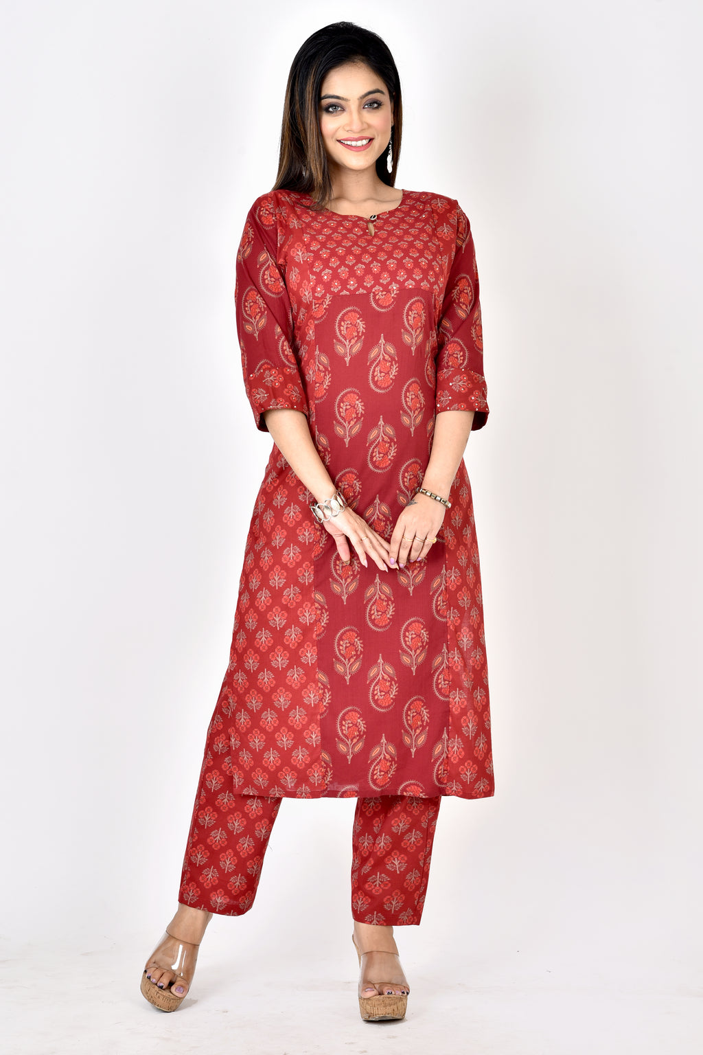 Maroon Mix & Match Floral Print Embroidered Kurta With Pant