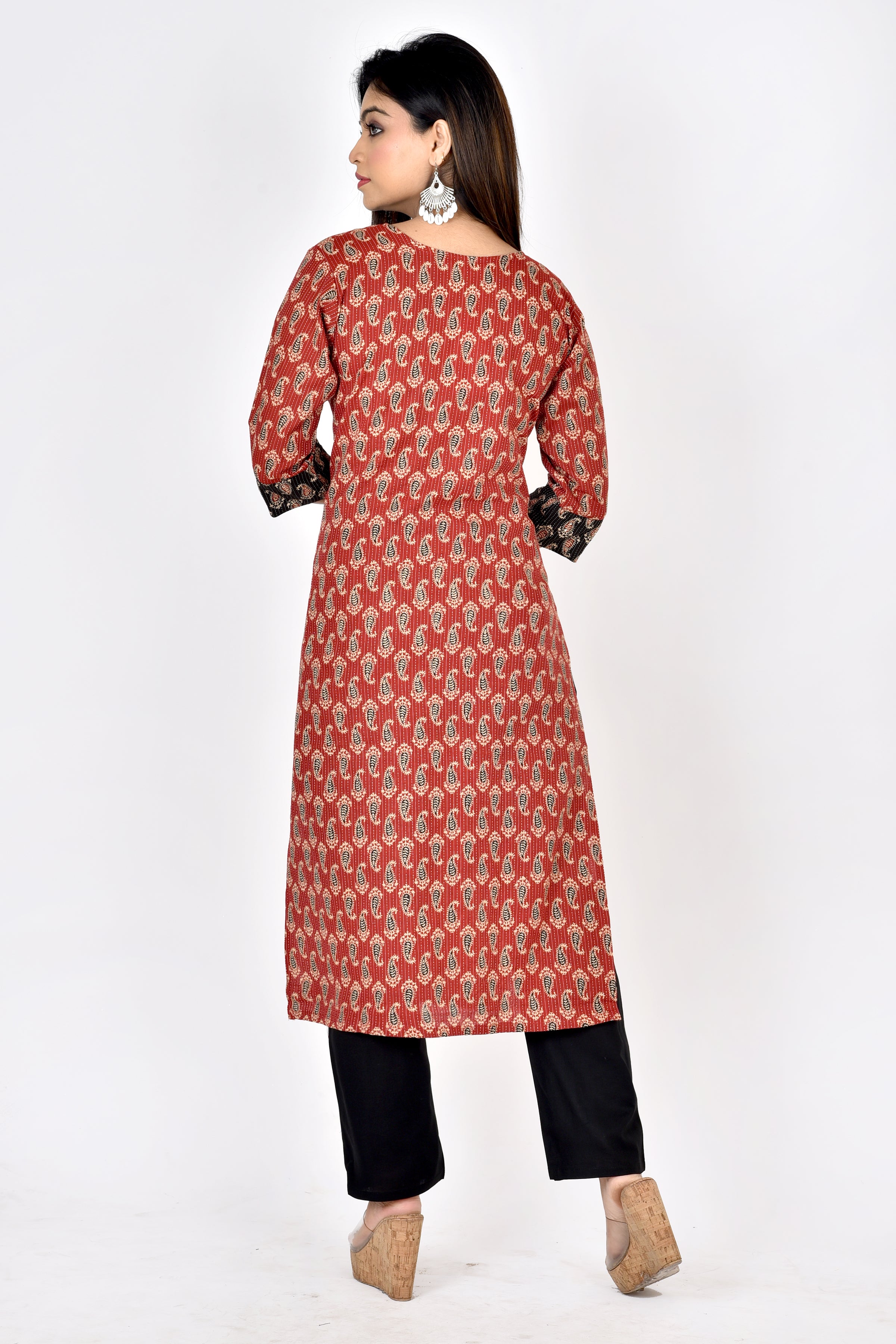 Red & Black Paisley Print Hand Embroidered Kurta