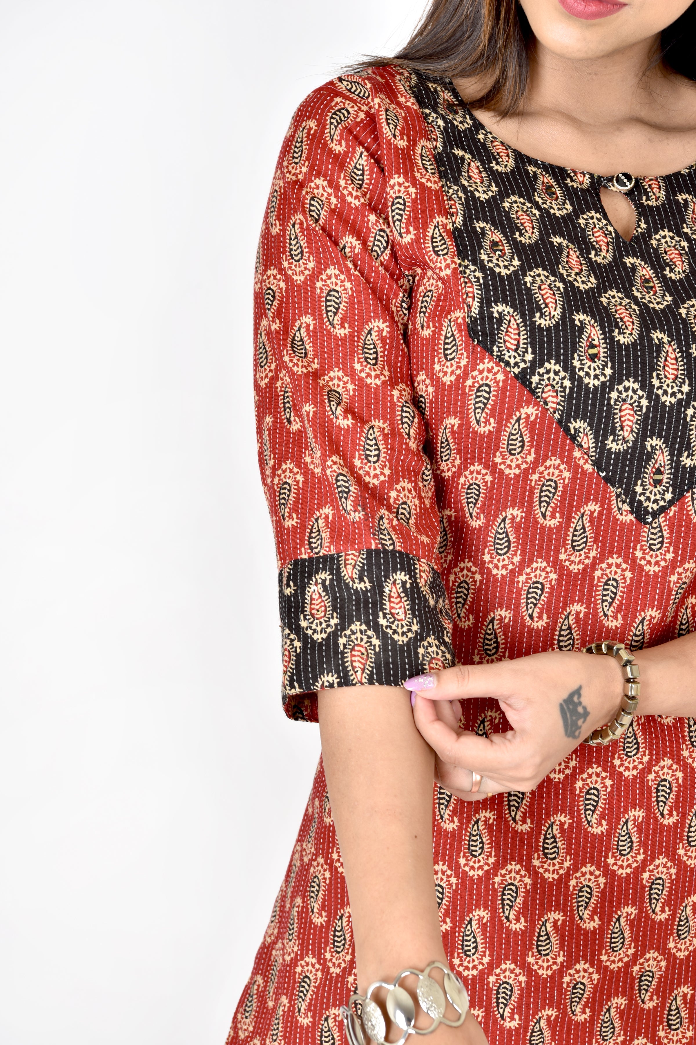 Red & Black Paisley Print Hand Embroidered Kurta