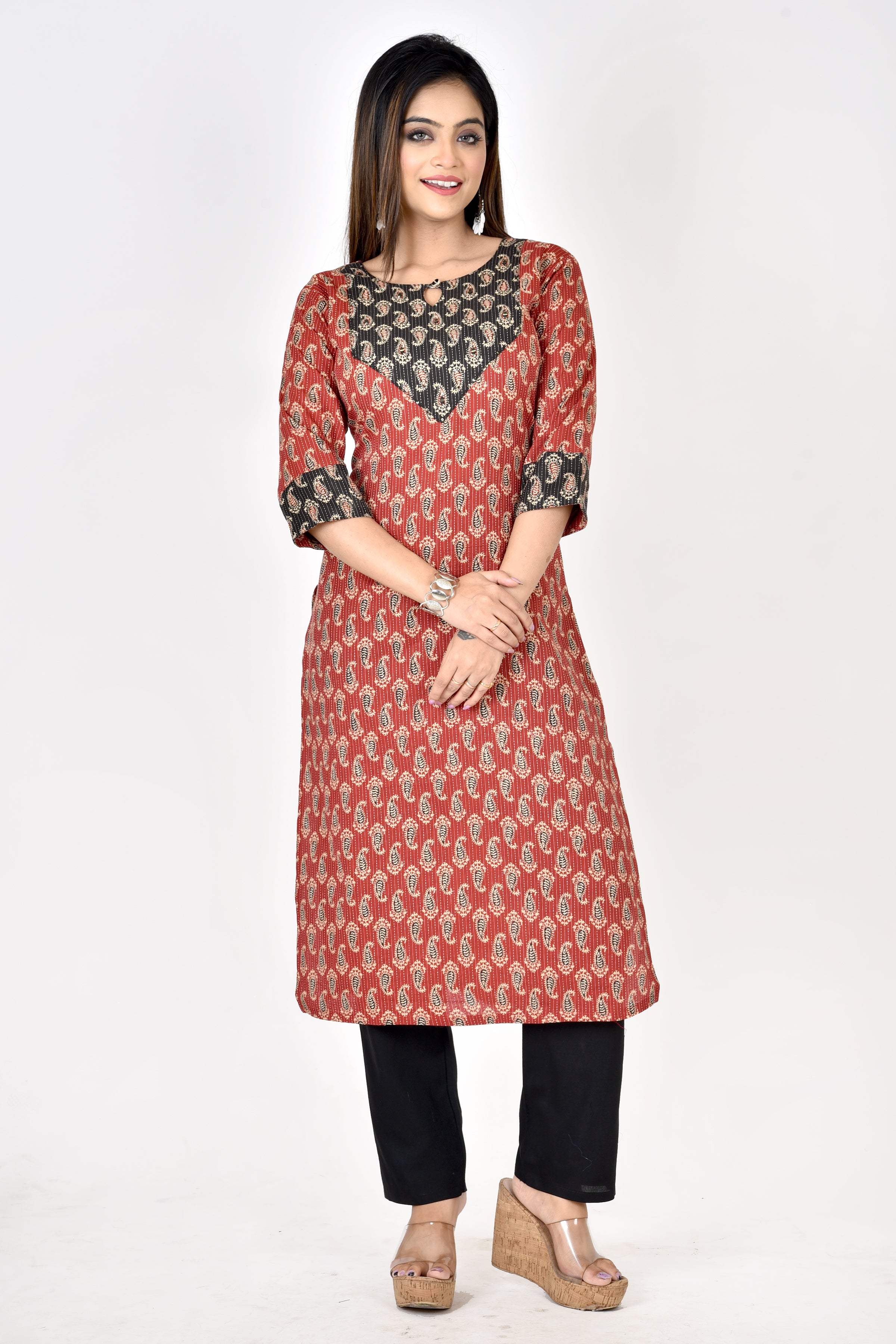 Red & Black Paisley Print Hand Embroidered Kurta