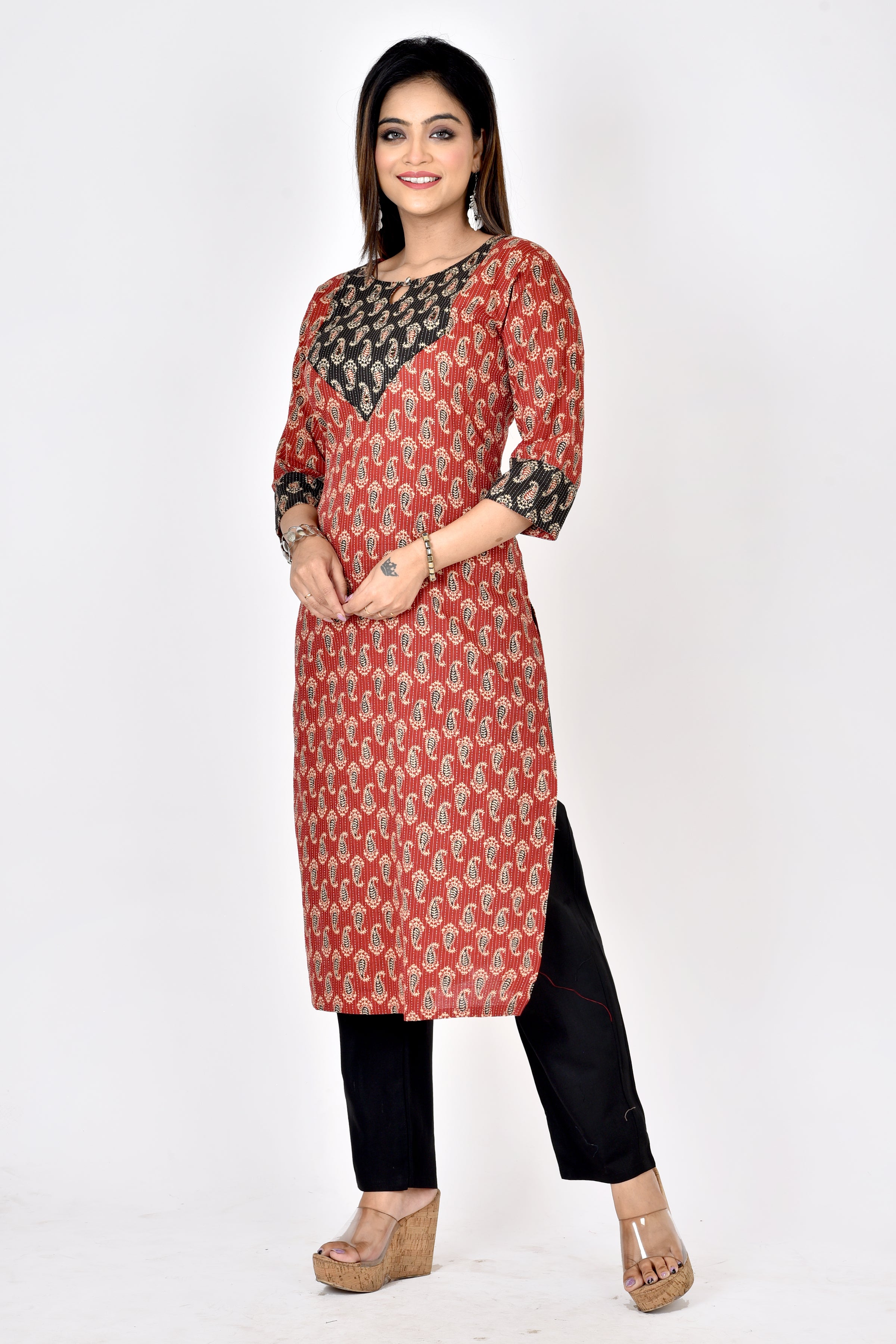 Red & Black Paisley Print Hand Embroidered Kurta