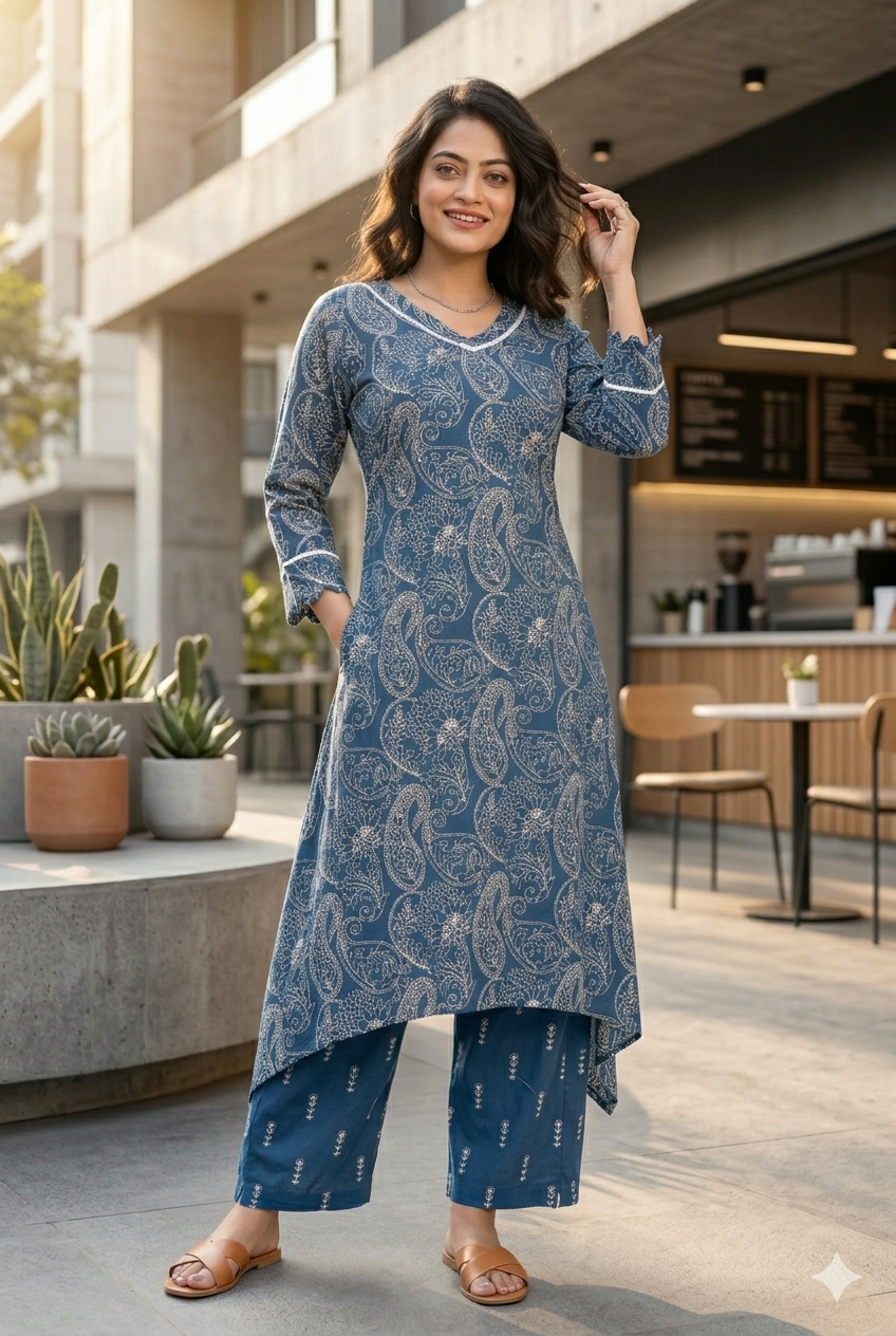 Navy Blue Paisley Print A-Line Kurta With Pant