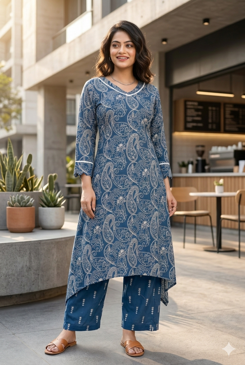 Navy Blue Paisley Print A-Line Kurta With Pant