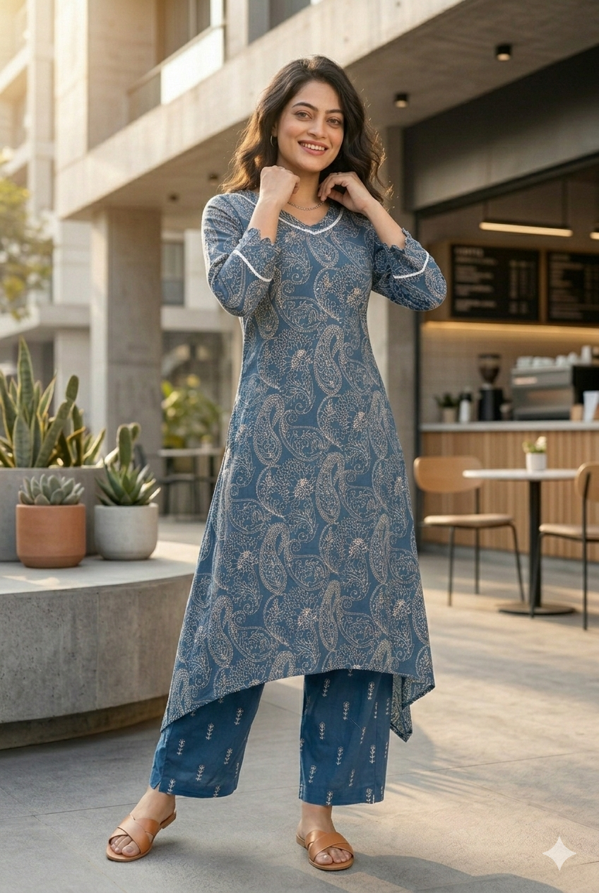 Navy Blue Paisley Print A-Line Kurta With Pant