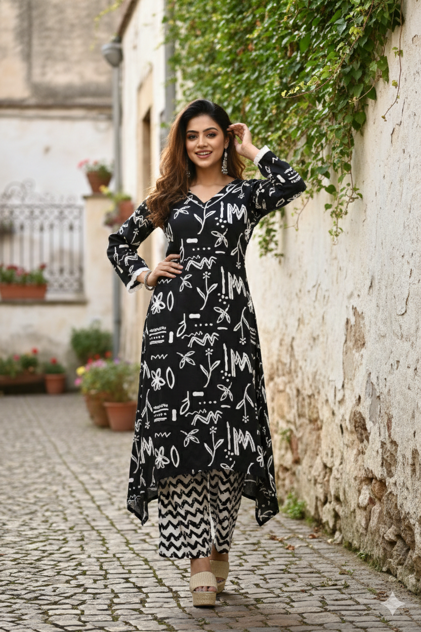 Black Geometric Print A-Line Kurta With Pant