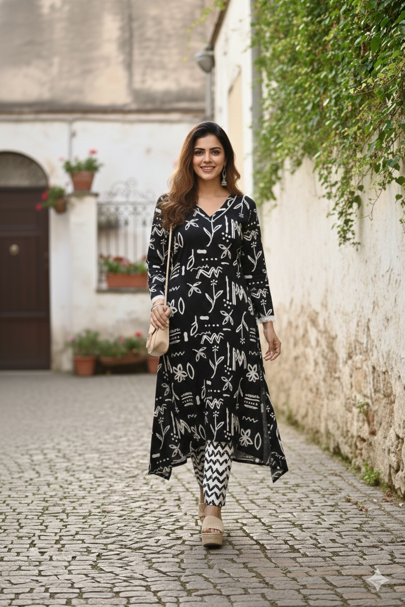 Black Geometric Print A-Line Kurta With Pant