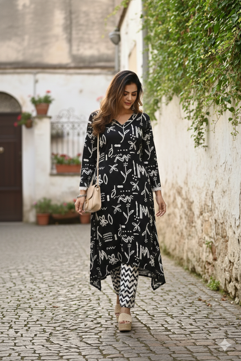 Black Geometric Print A-Line Kurta With Pant
