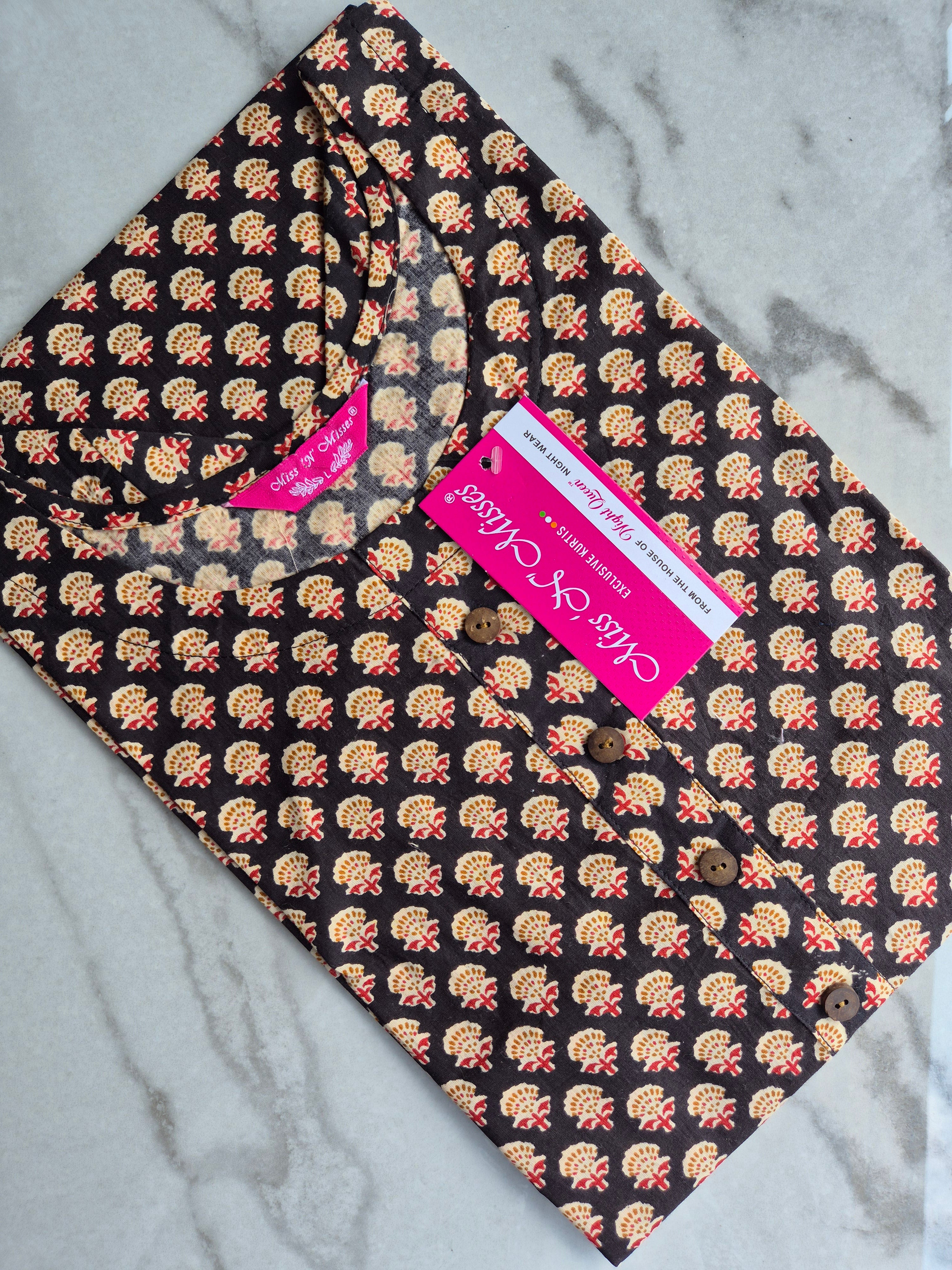 Black Floral Print Straight Kurta