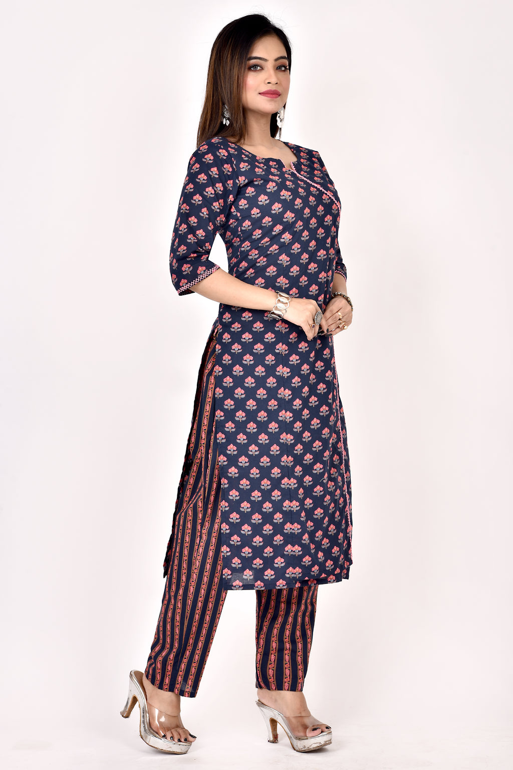 Navy Blue Floral Print Angrakha Kurta With Pant