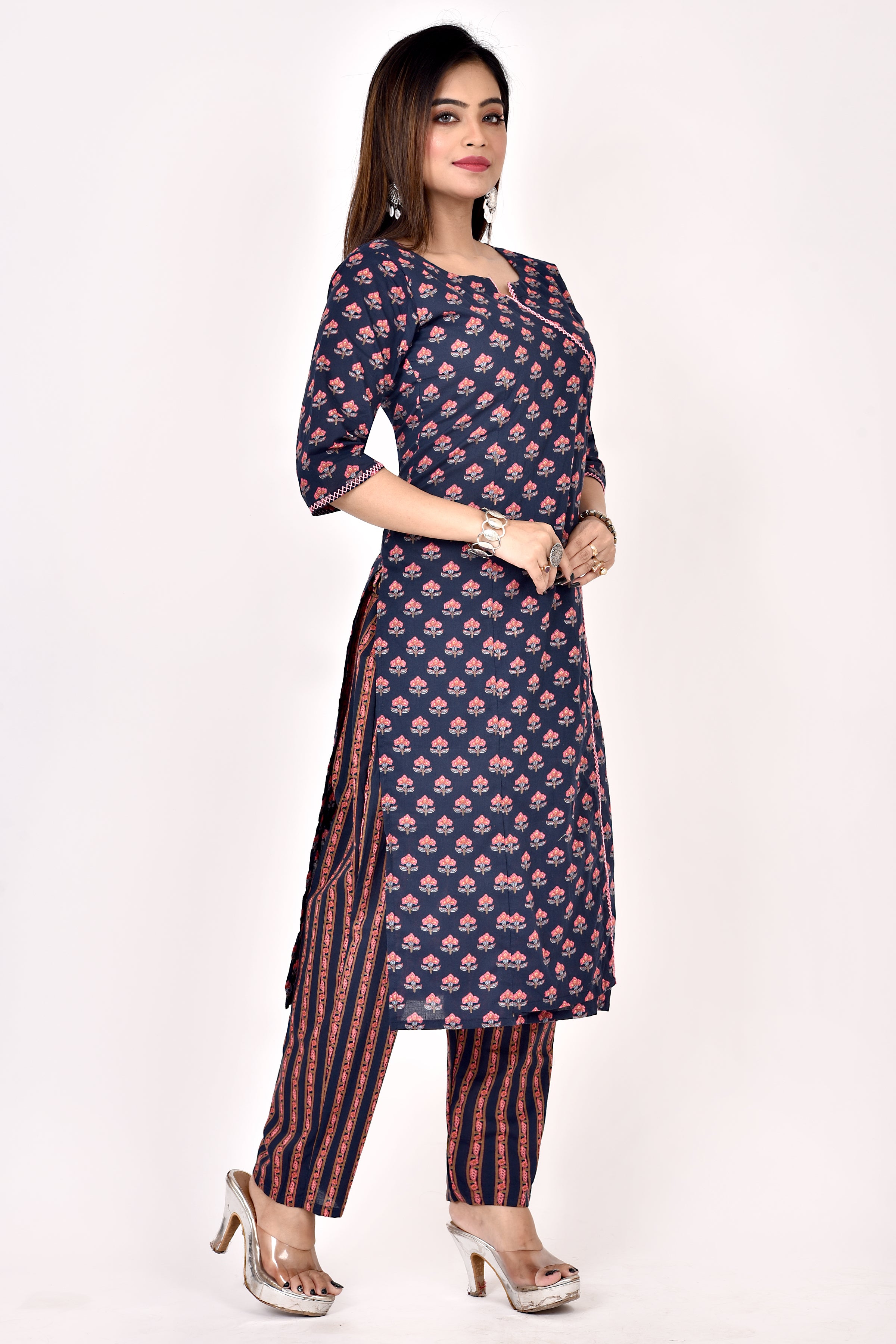 Navy Blue Floral Print Angrakha Kurta With Pant