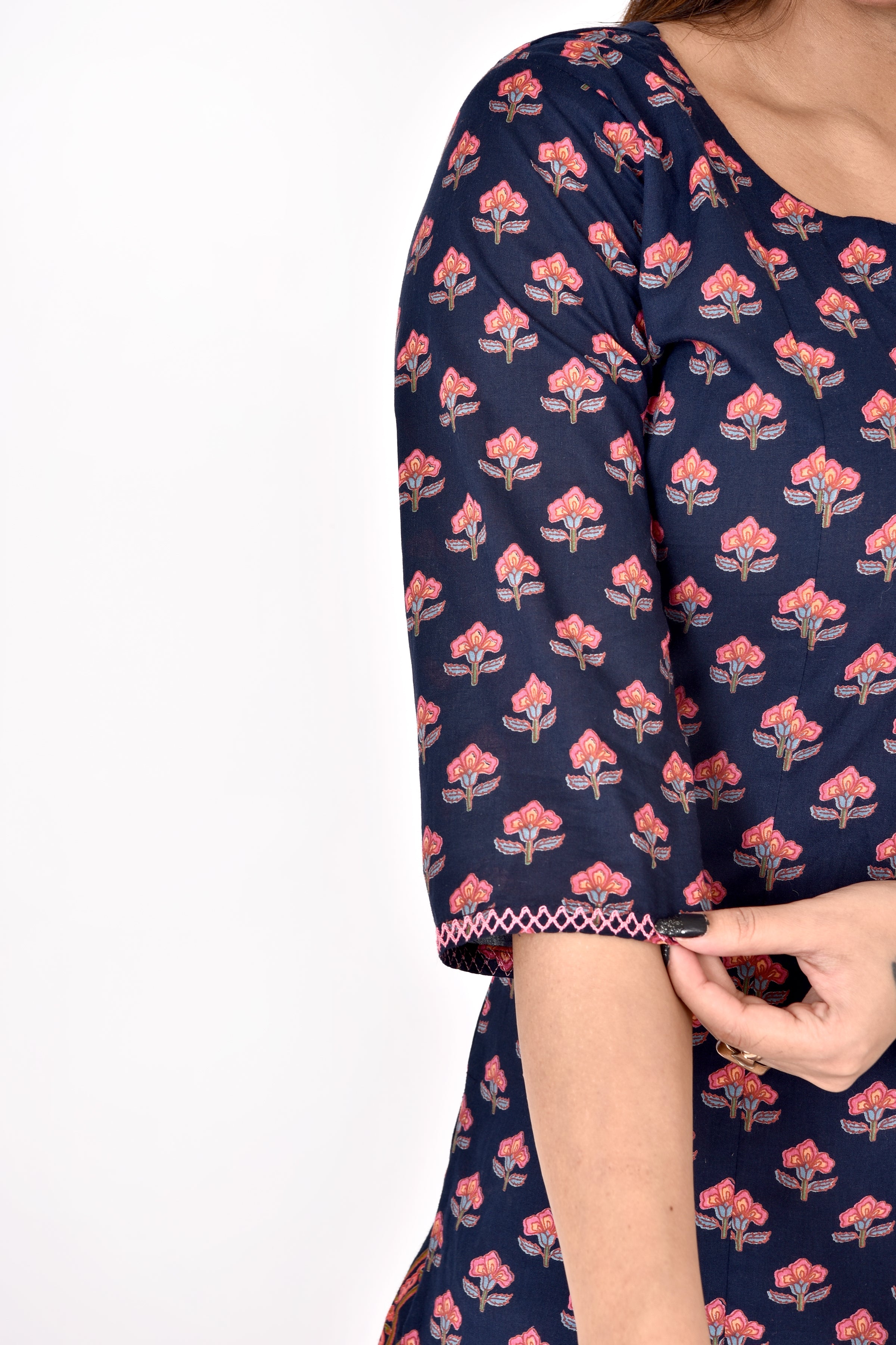 Navy Blue Floral Print Angrakha Kurta With Pant