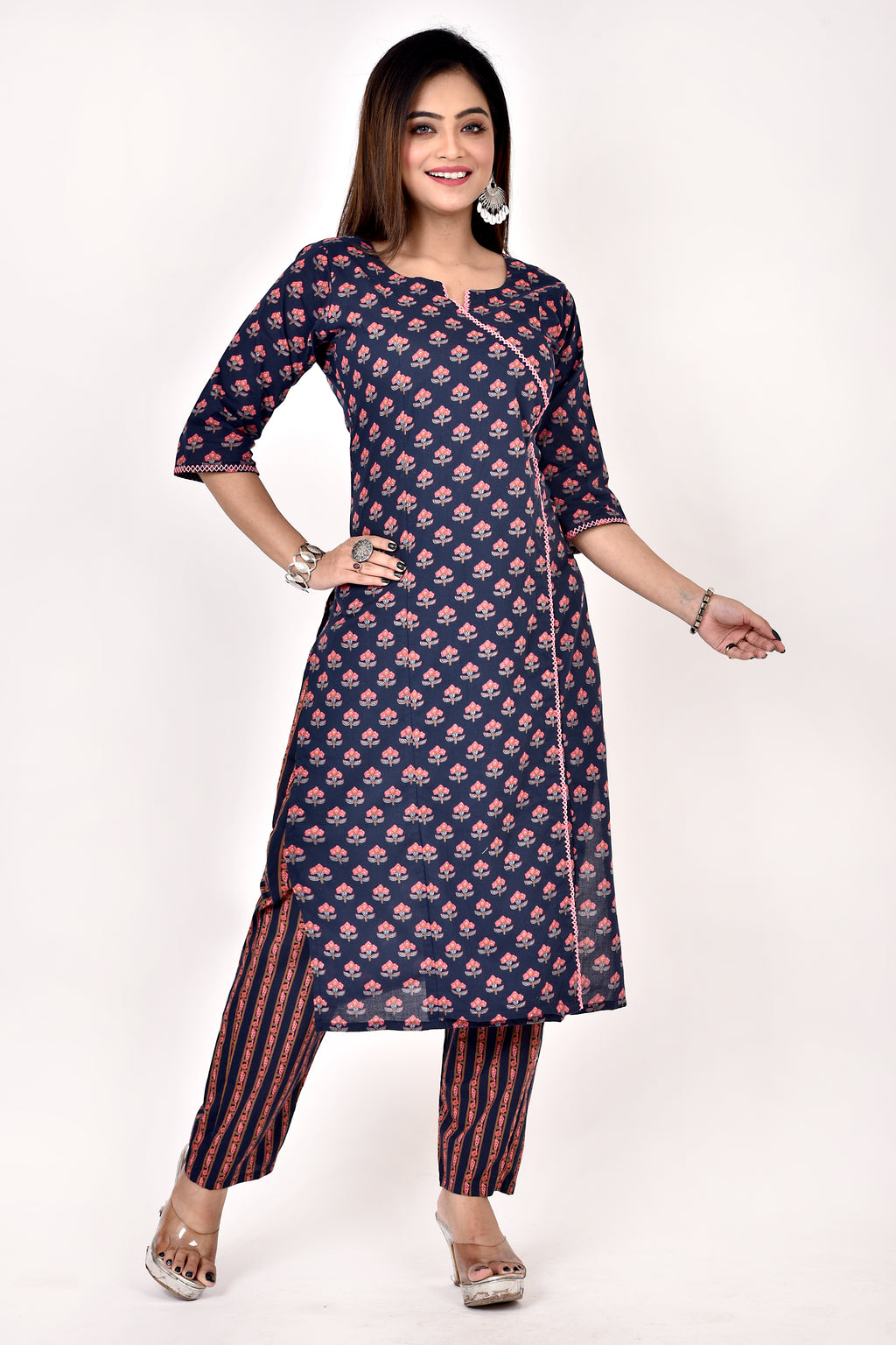Navy Blue Floral Print Angrakha Kurta With Pant