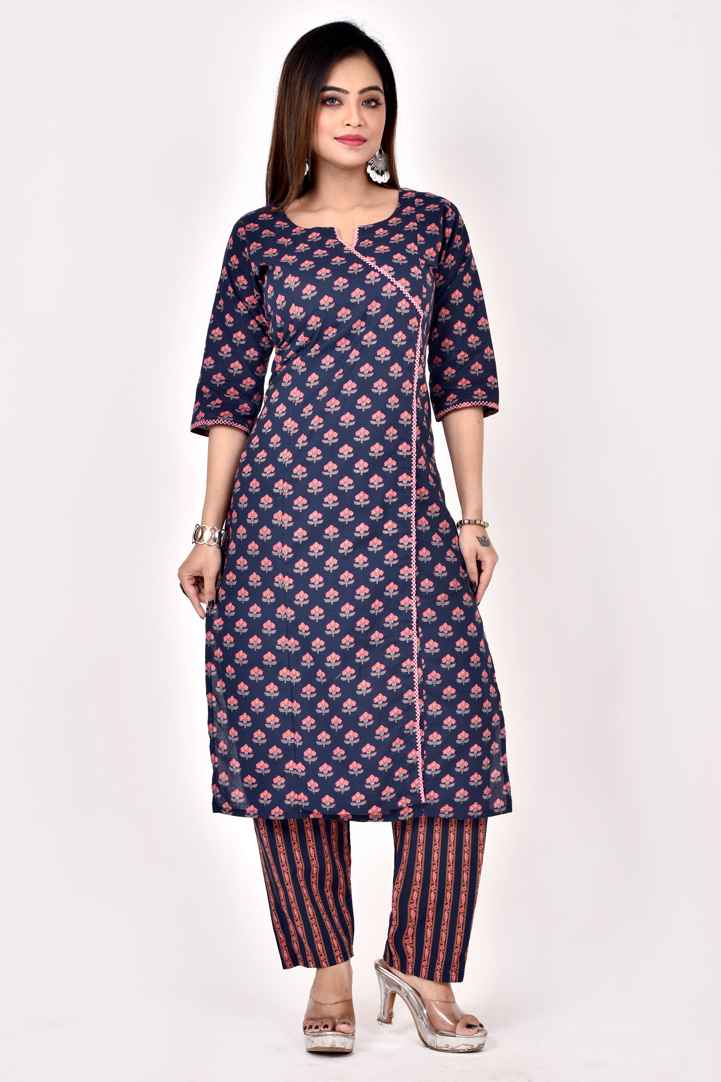 Navy Blue Floral Print Angrakha Kurta With Pant