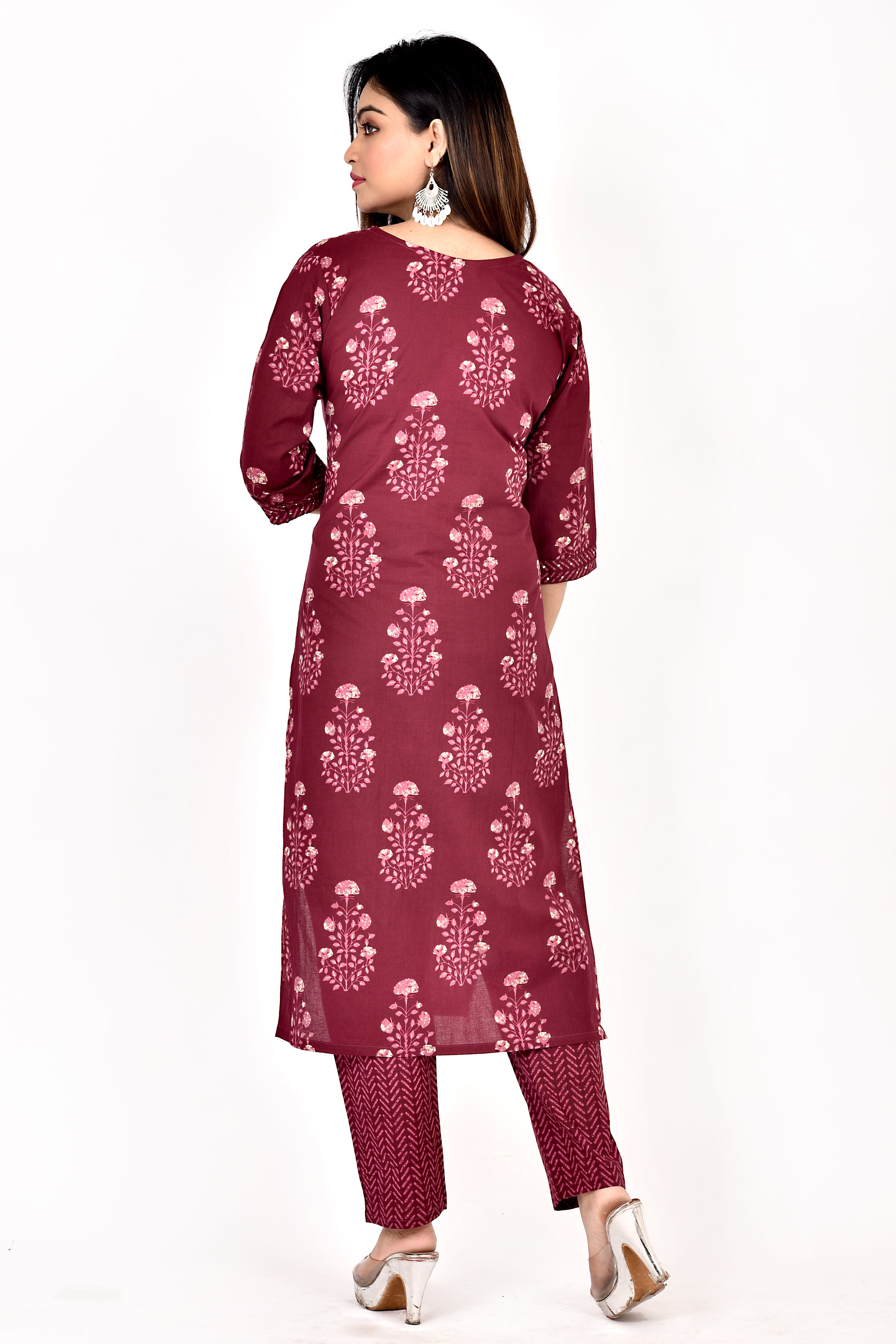 Red Purple Floral Print Hand Embroidered Kurta With Pant