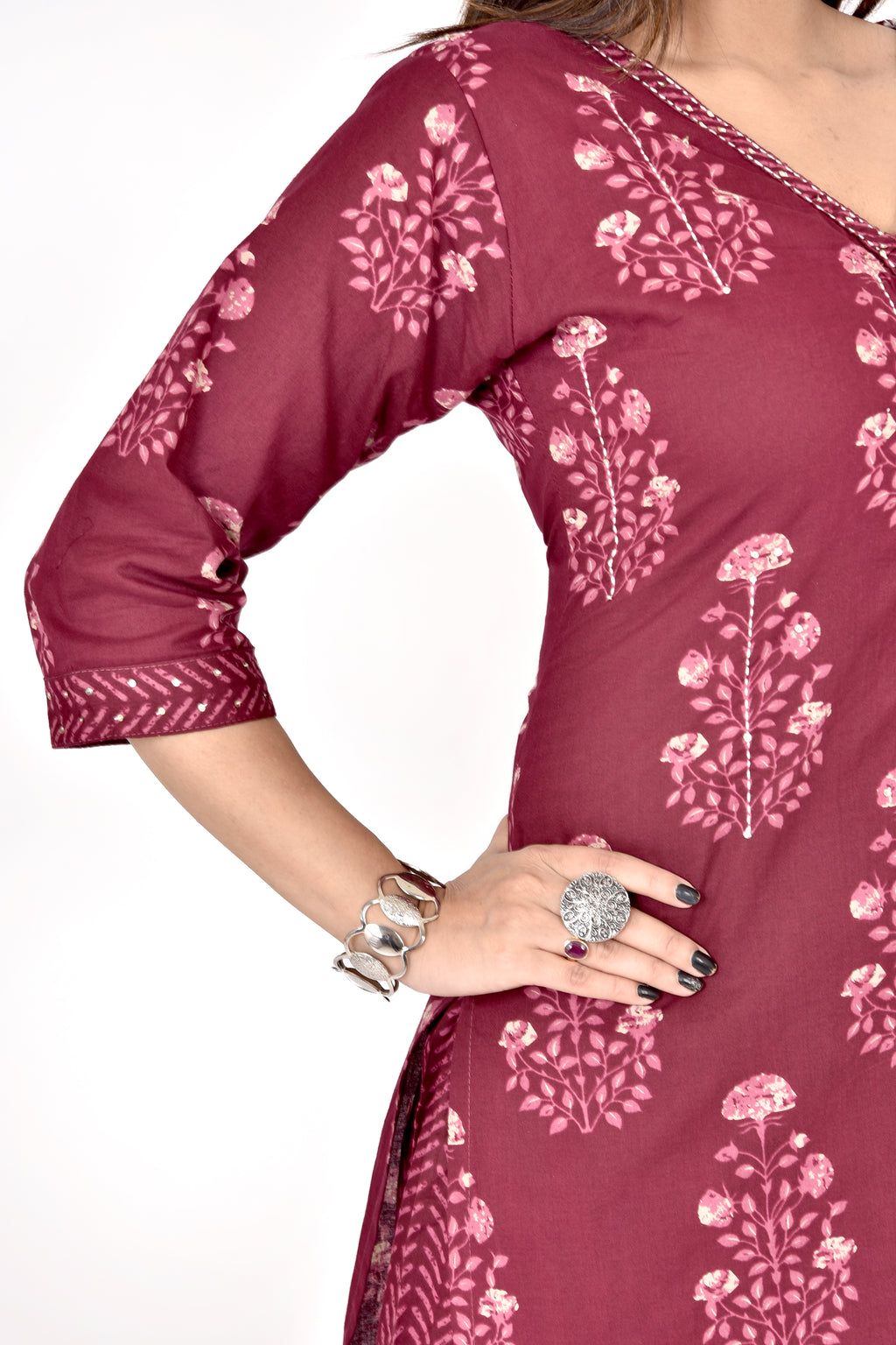 Red Purple Floral Print Hand Embroidered Kurta With Pant