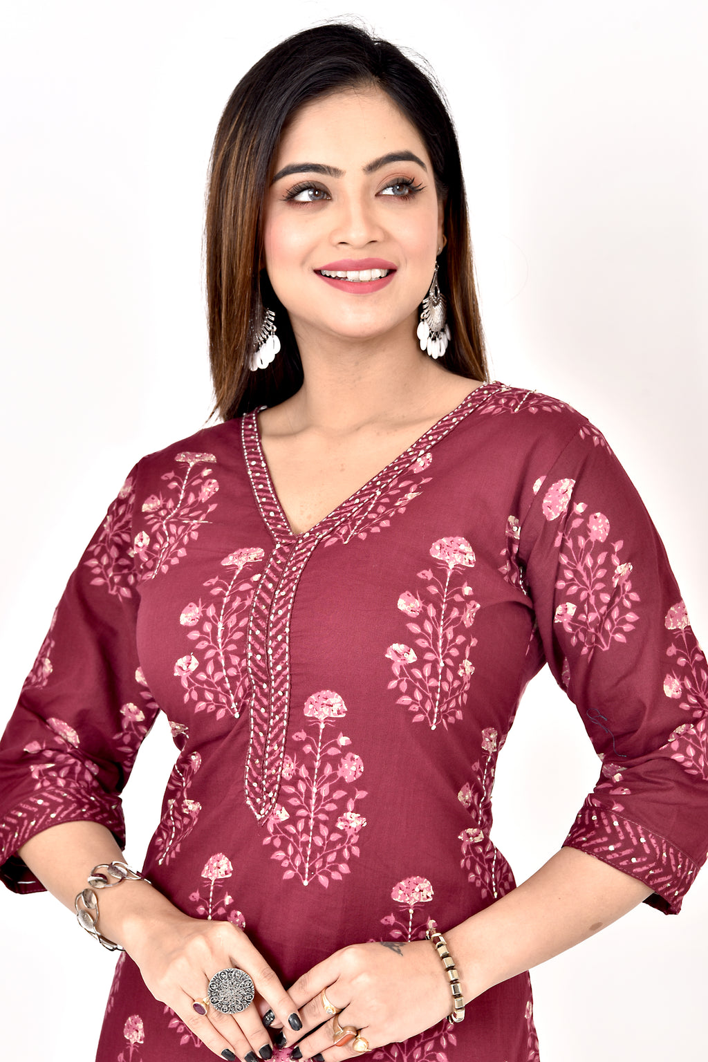 Red Purple Floral Print Hand Embroidered Kurta With Pant