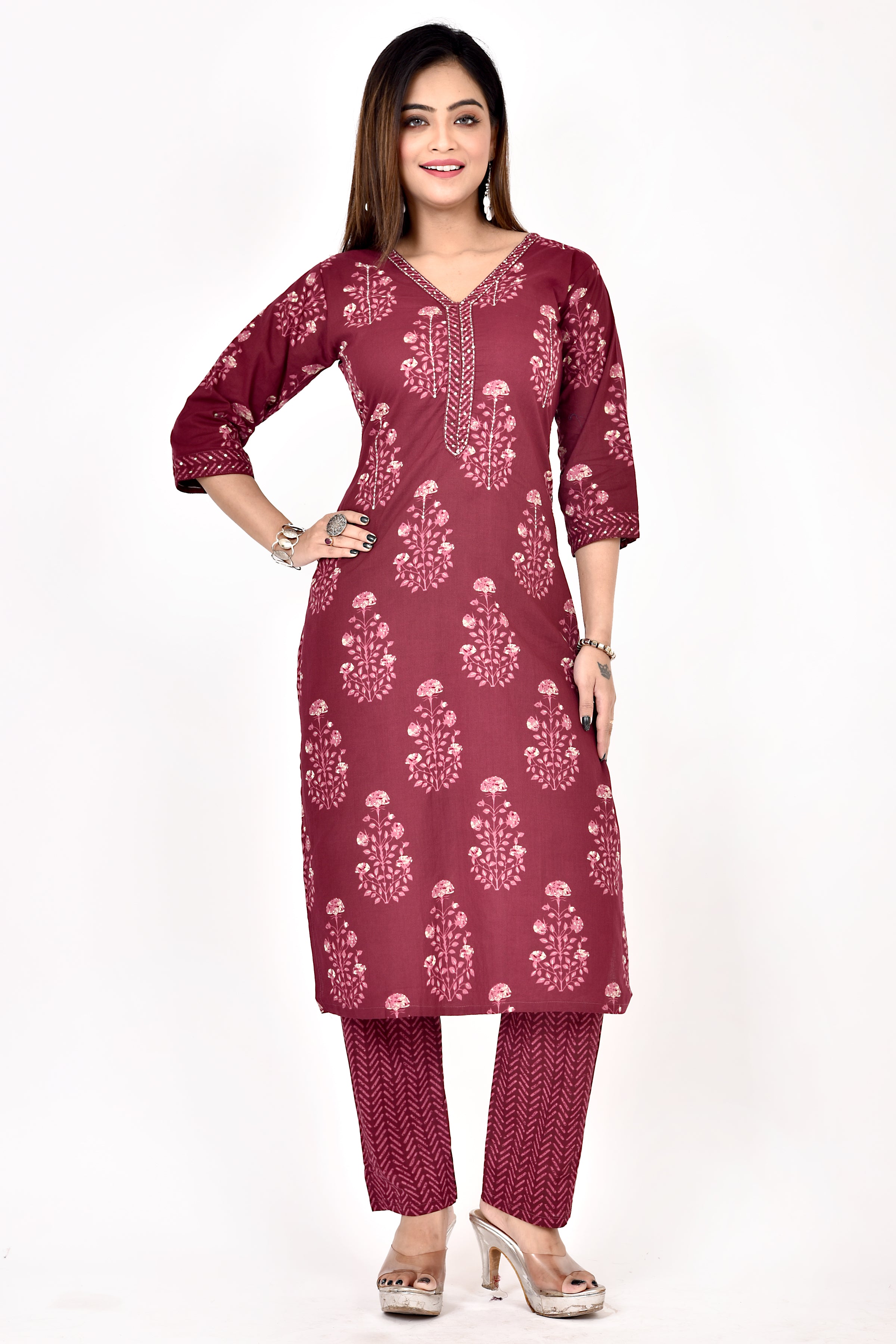 Red Purple Floral Print Hand Embroidered Kurta With Pant