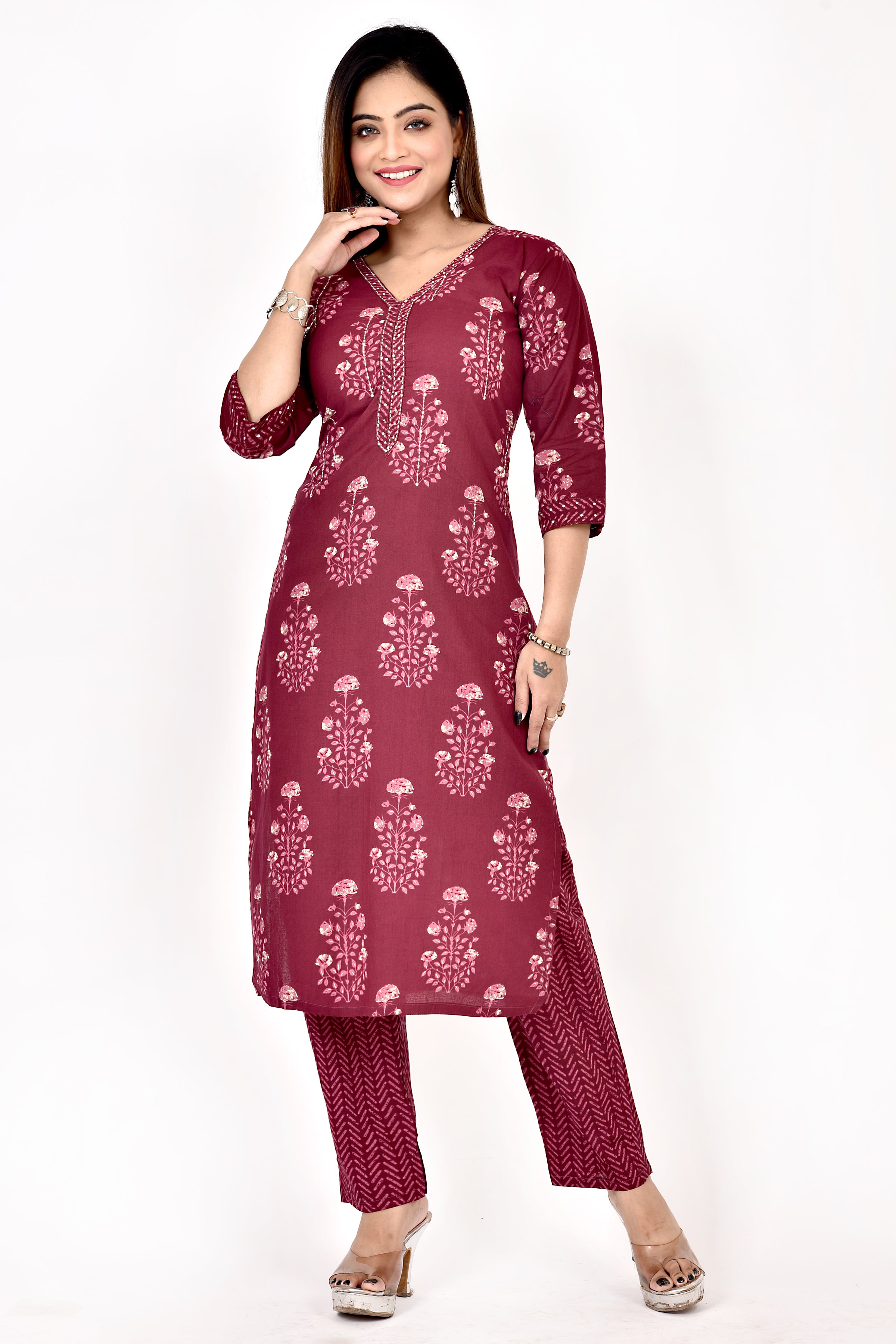Red Purple Floral Print Hand Embroidered Kurta With Pant