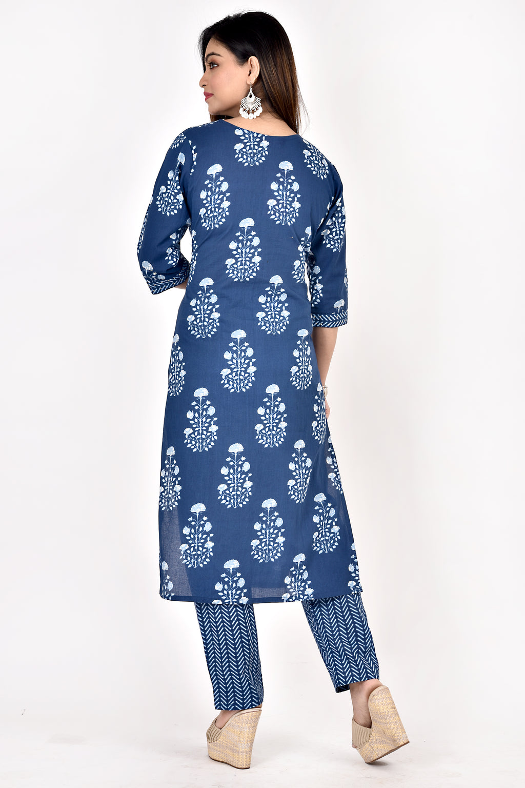 Navy Blue Floral Print Hand Embroidered Kurta With Pant