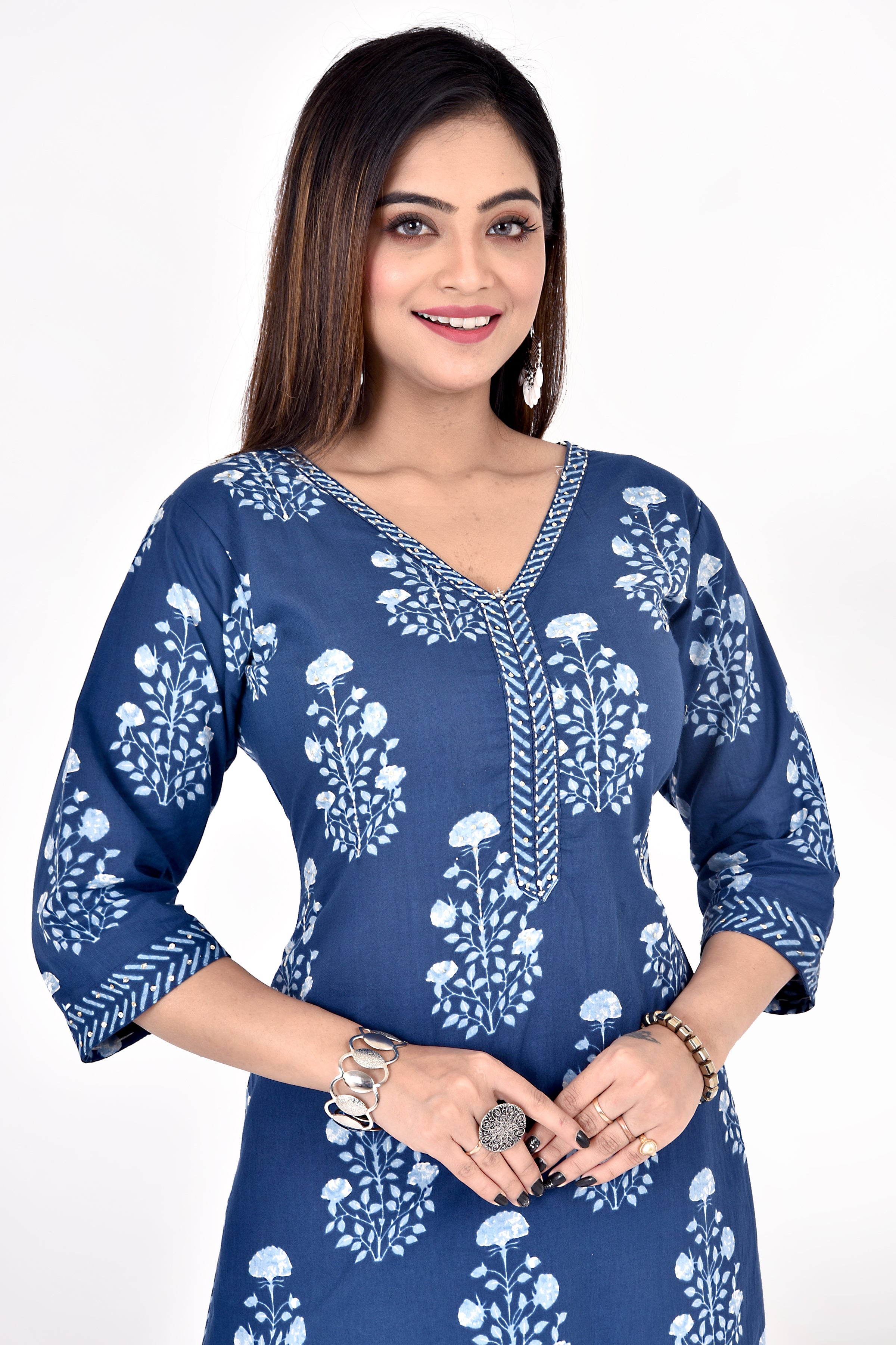 Navy Blue Floral Print Hand Embroidered Kurta With Pant