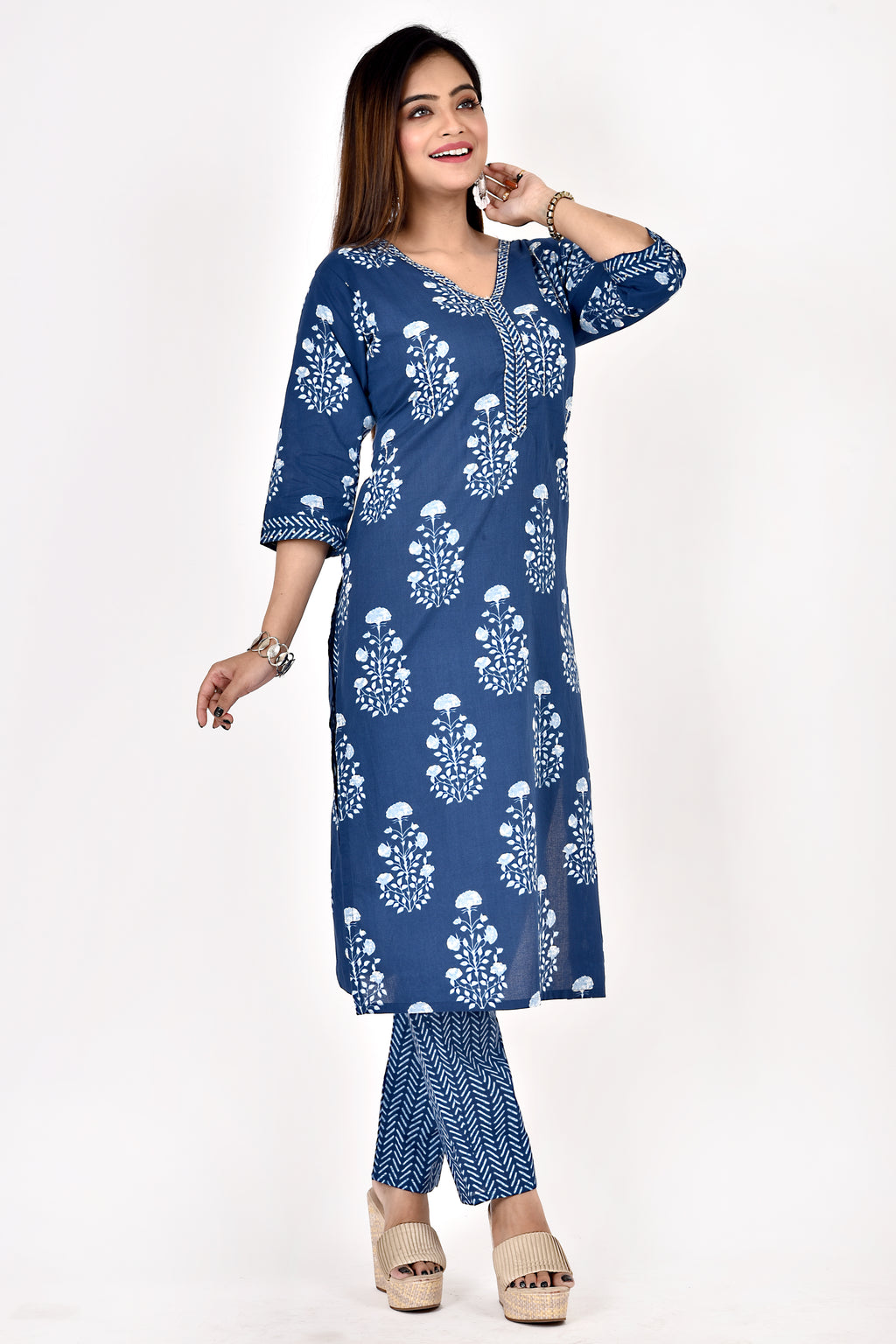 Navy Blue Floral Print Hand Embroidered Kurta With Pant
