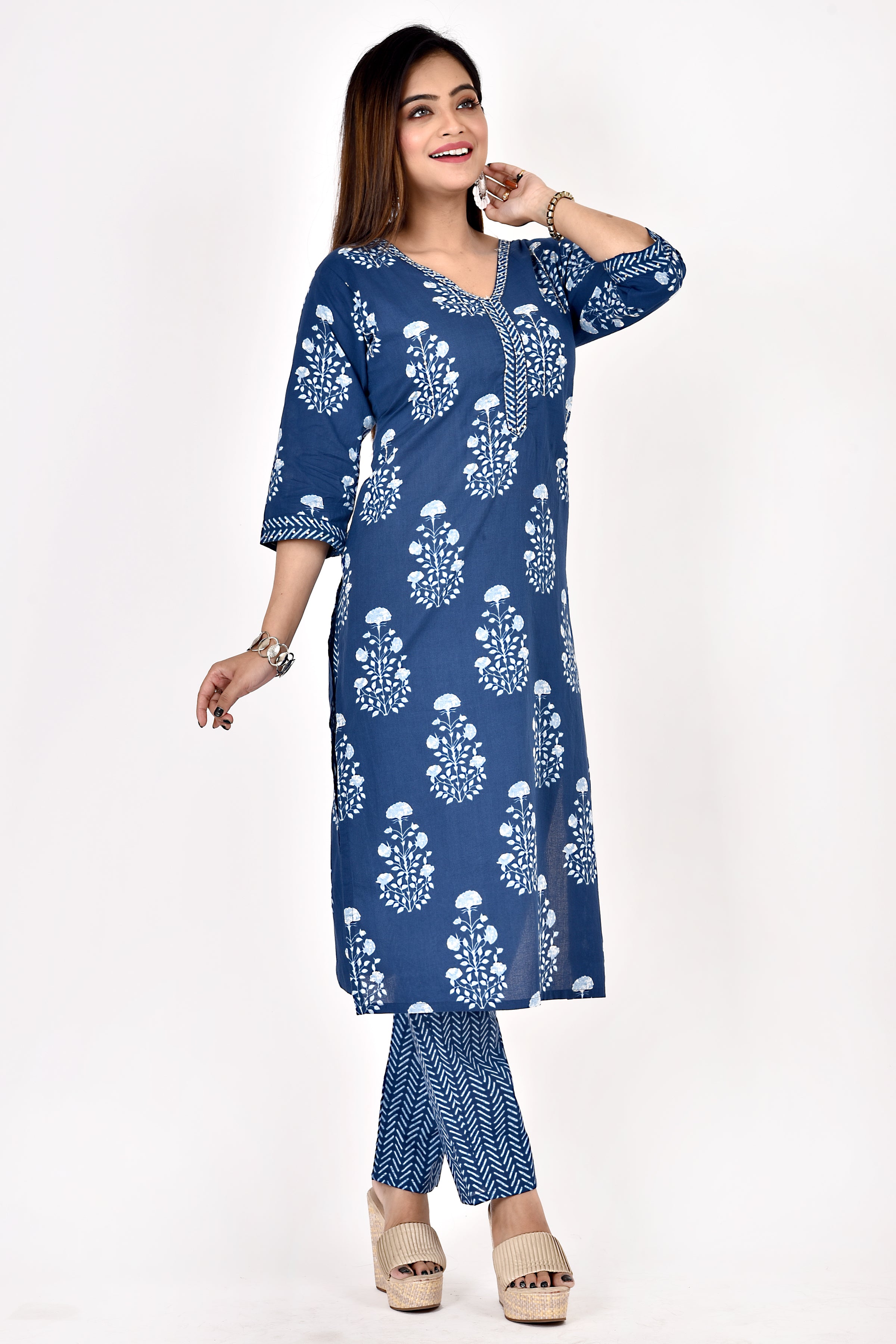 Navy Blue Floral Print Hand Embroidered Kurta With Pant
