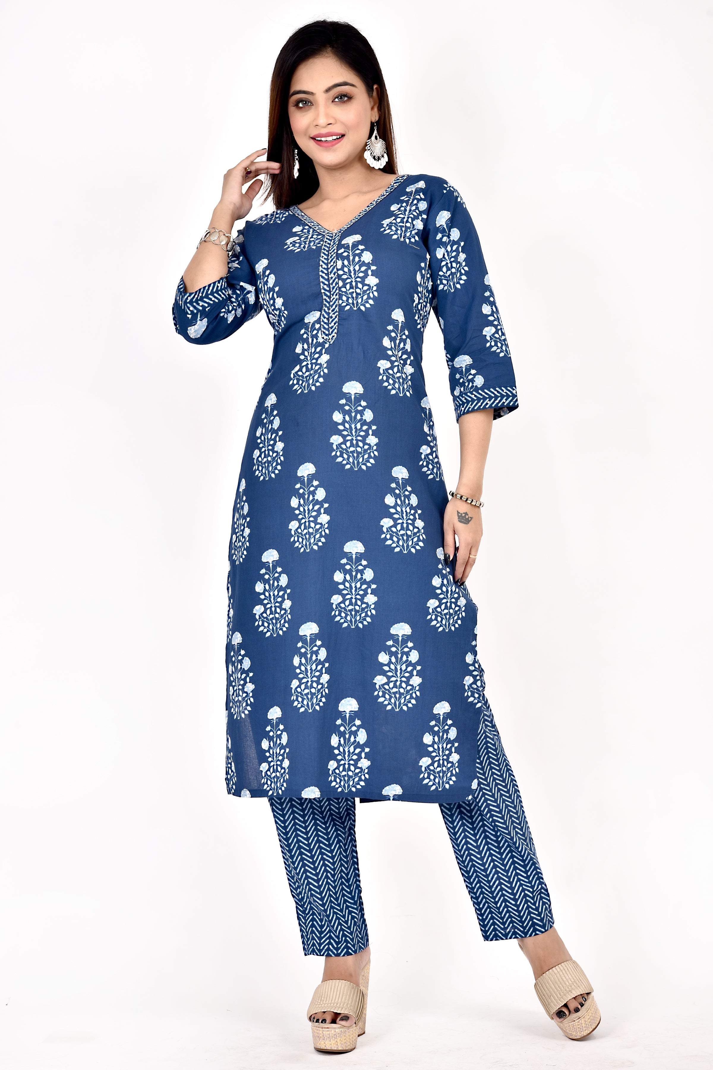 Navy Blue Floral Print Hand Embroidered Kurta With Pant
