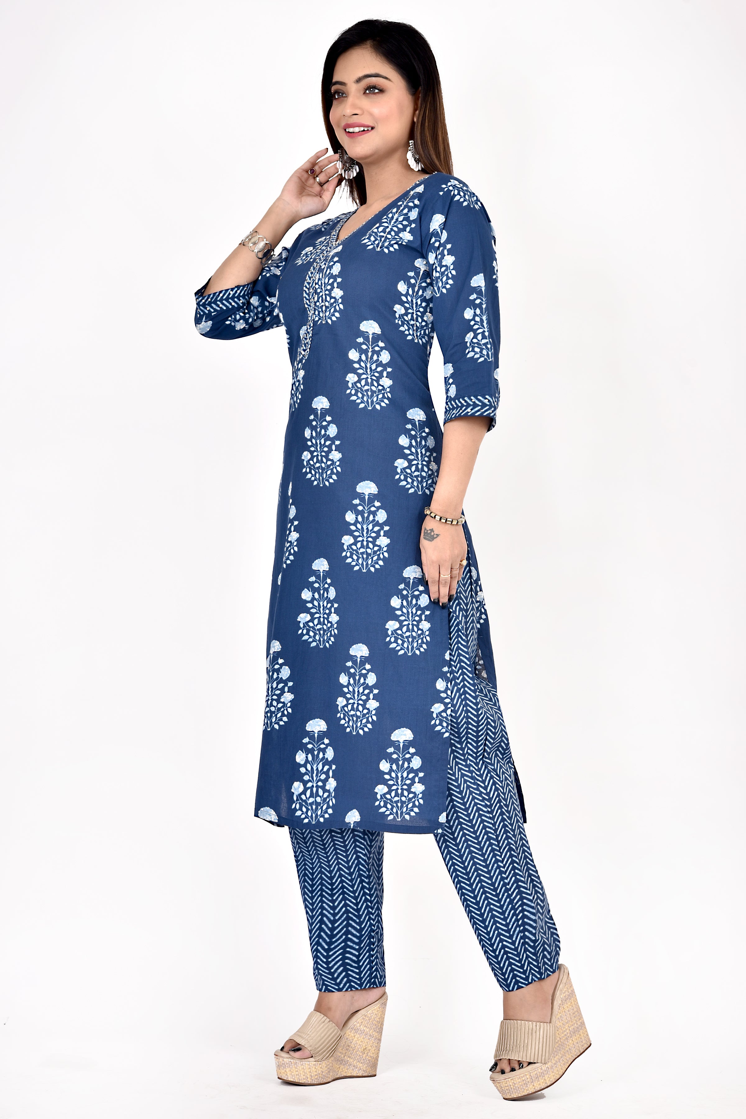 Navy Blue Floral Print Hand Embroidered Kurta With Pant