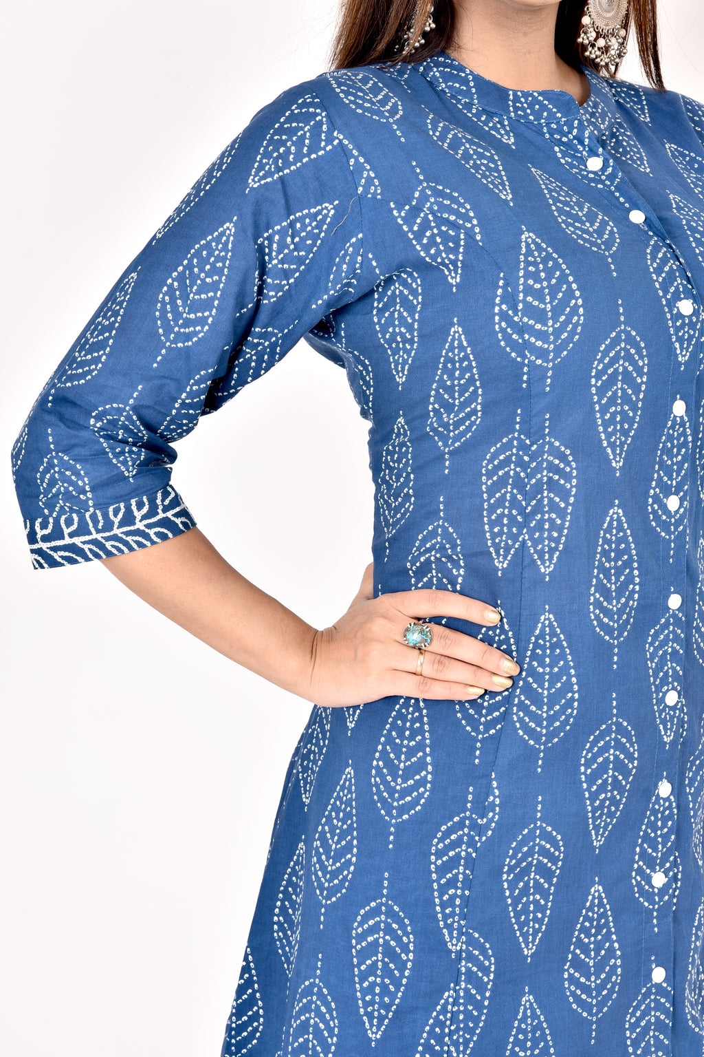 Navy Blue leaf Print A-Line Kurta With Pant