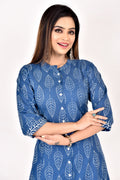 Navy Blue leaf Print A-Line Kurta With Pant