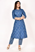 Navy Blue leaf Print A-Line Kurta With Pant