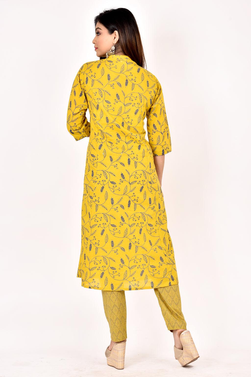 Yellow Floral Print A-Line Kurta With Pant