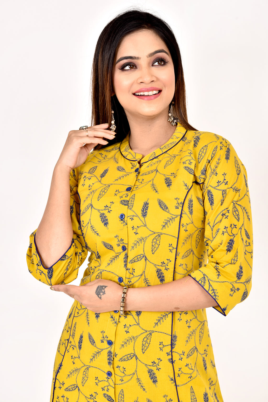 Yellow Floral Print A-Line Kurta With Pant