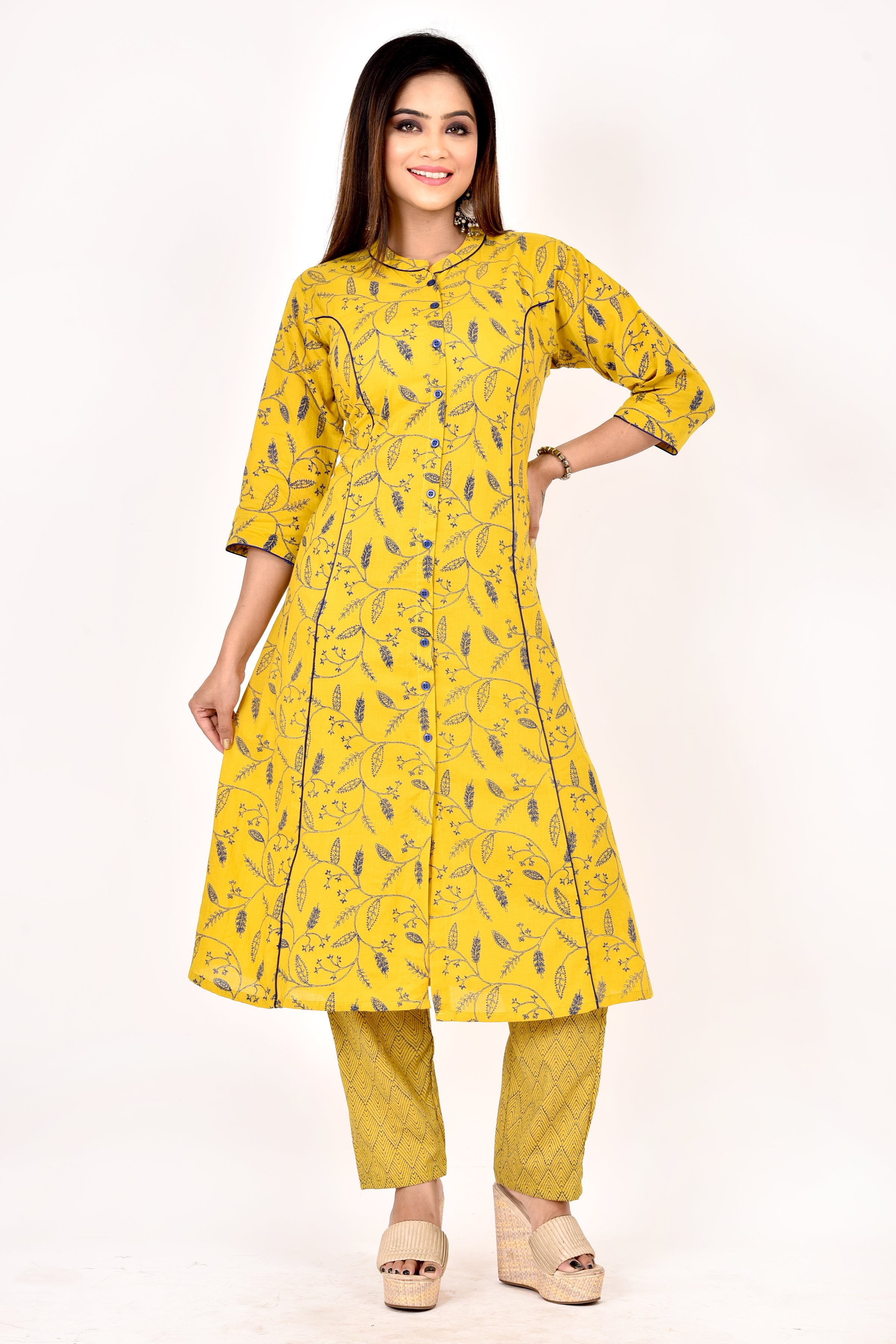 Yellow Floral Print A-Line Kurta With Pant