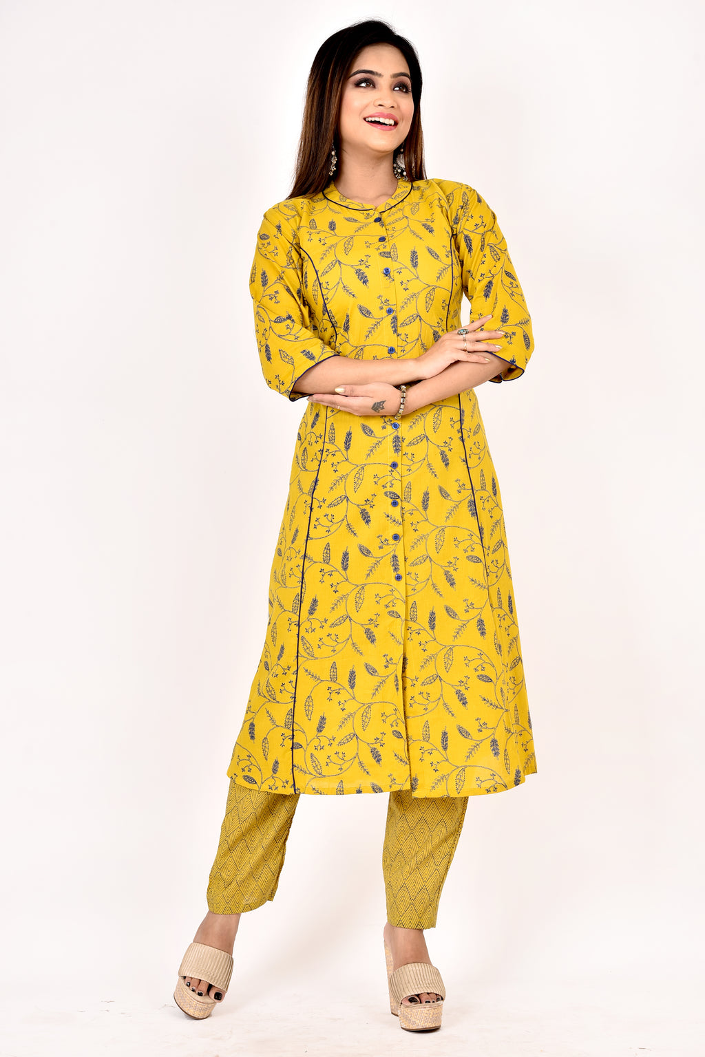 Yellow Floral Print A-Line Kurta With Pant