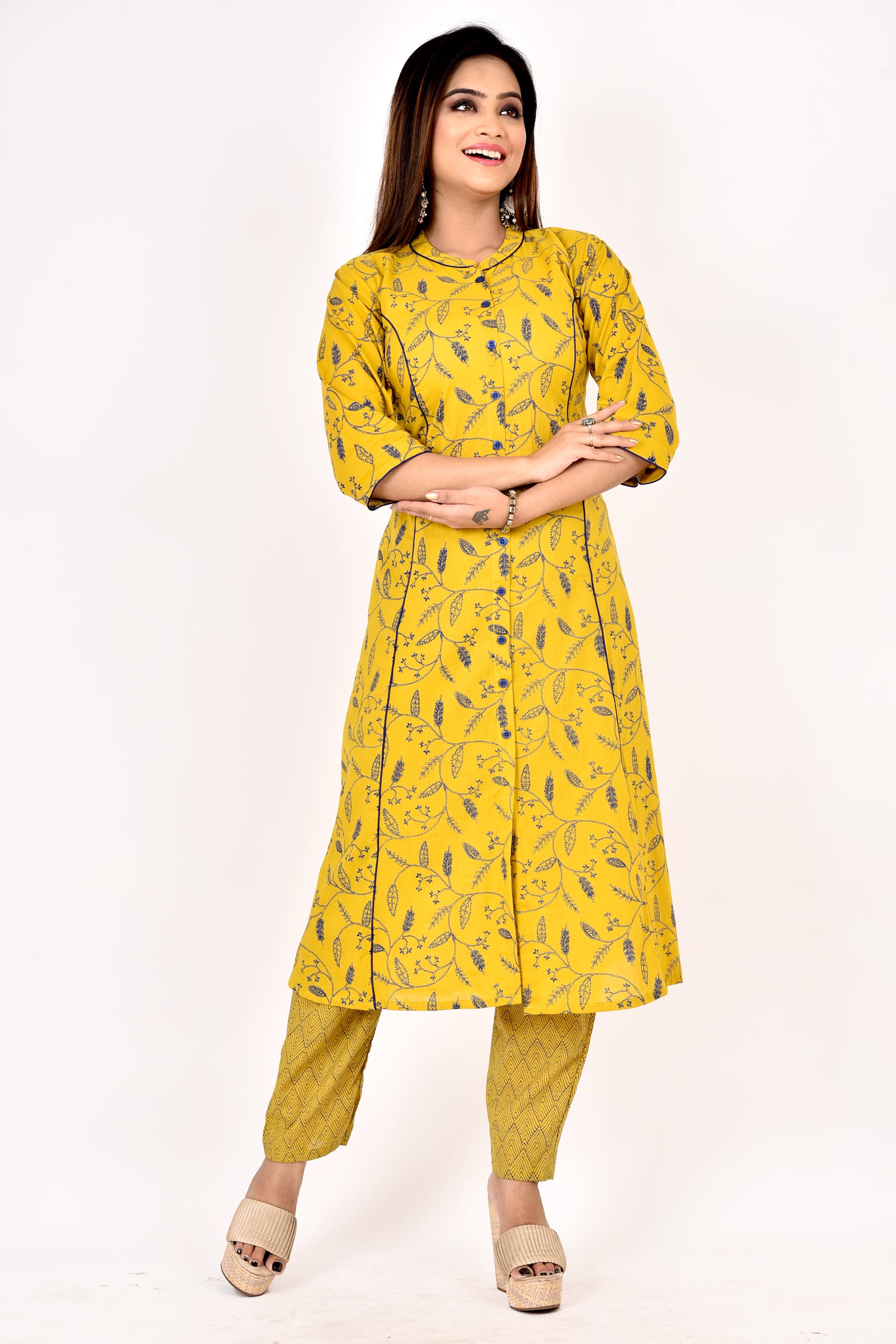 Yellow Floral Print A-Line Kurta With Pant