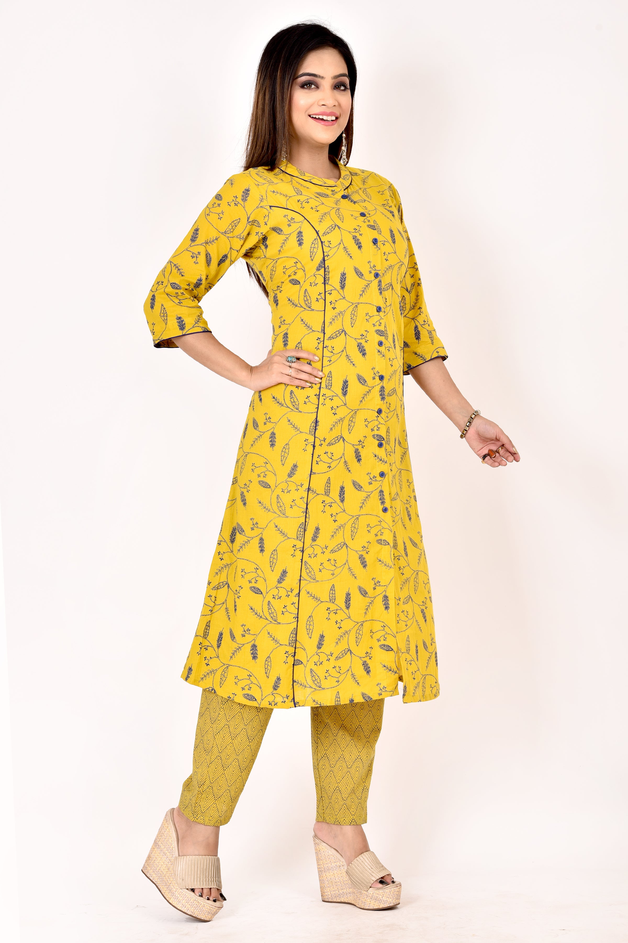 Yellow Floral Print A-Line Kurta With Pant